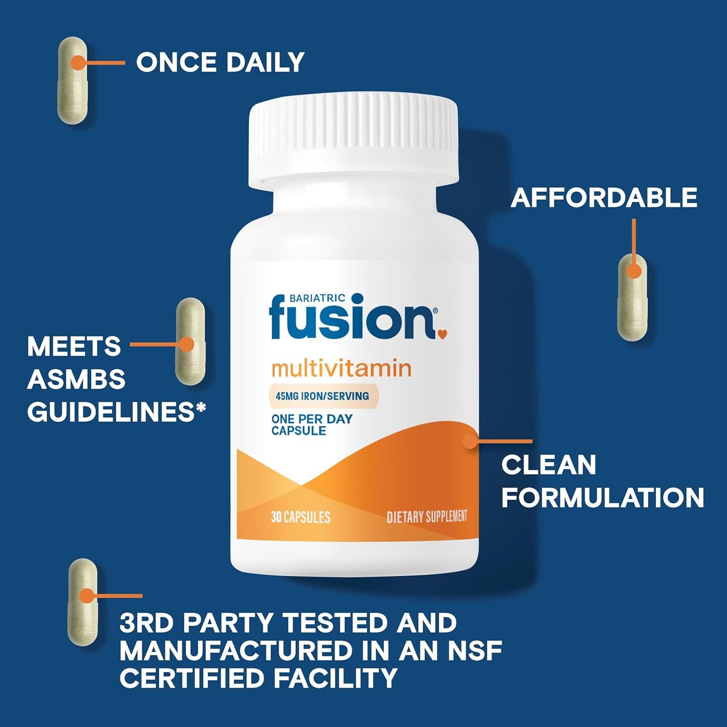 Bariatric Fusion One Daily Multivitamin with Iron | Easy-to-Swallow Capsule | Ideal for Bariatric Surgery | Gastric Bypass & Sleeve Gastrectomy | 30 Capsules