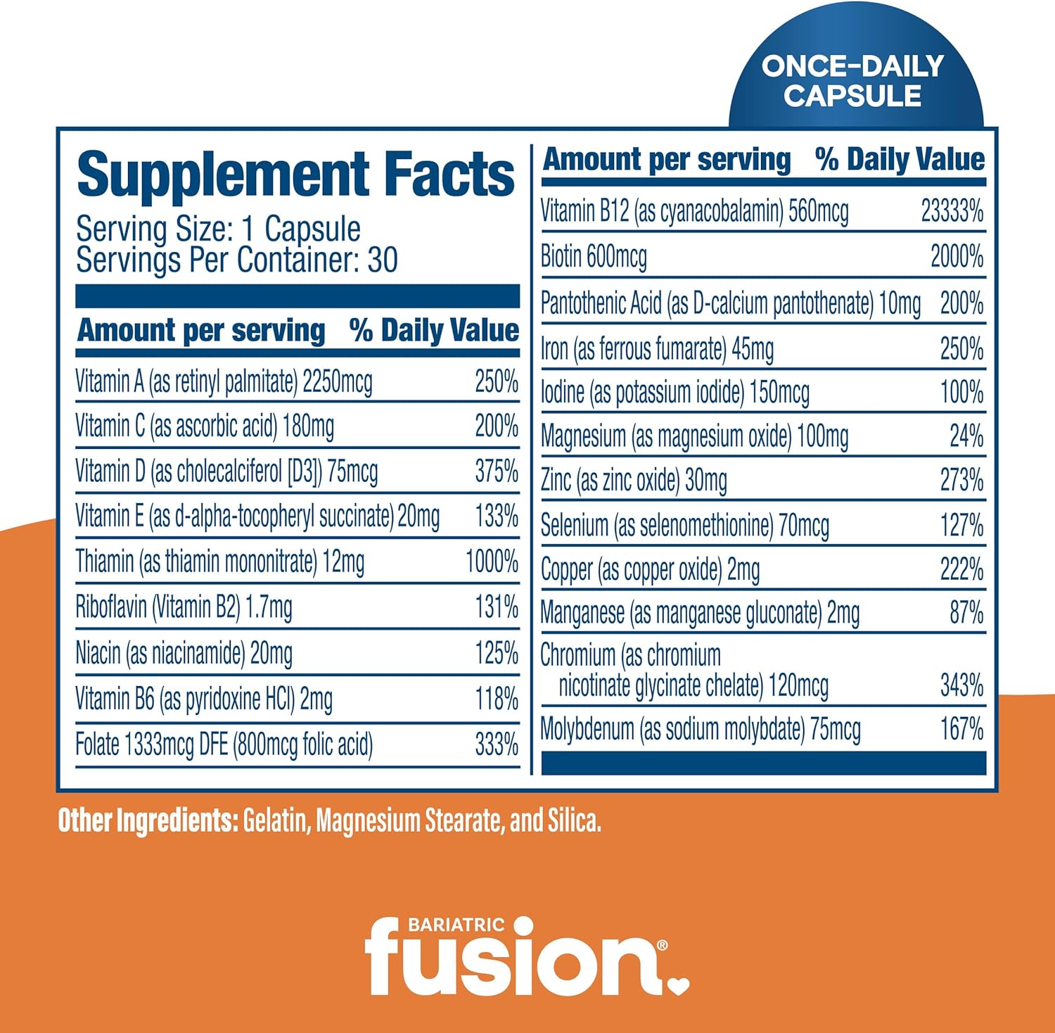 Bariatric Fusion One Daily Multivitamin with Iron | Easy-to-Swallow Capsule | Ideal for Bariatric Surgery | Gastric Bypass & Sleeve Gastrectomy | 30 Capsules