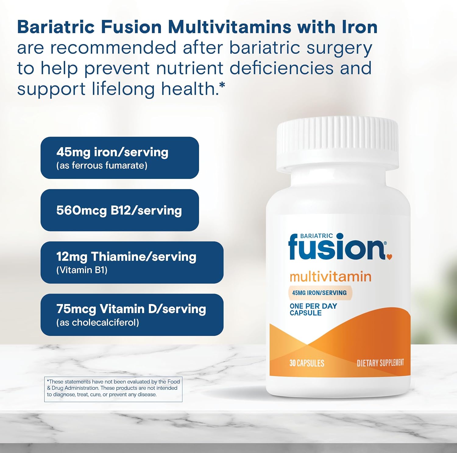 Bariatric Fusion One Daily Multivitamin with Iron | Easy-to-Swallow Capsule | Ideal for Bariatric Surgery | Gastric Bypass & Sleeve Gastrectomy | 30 Capsules