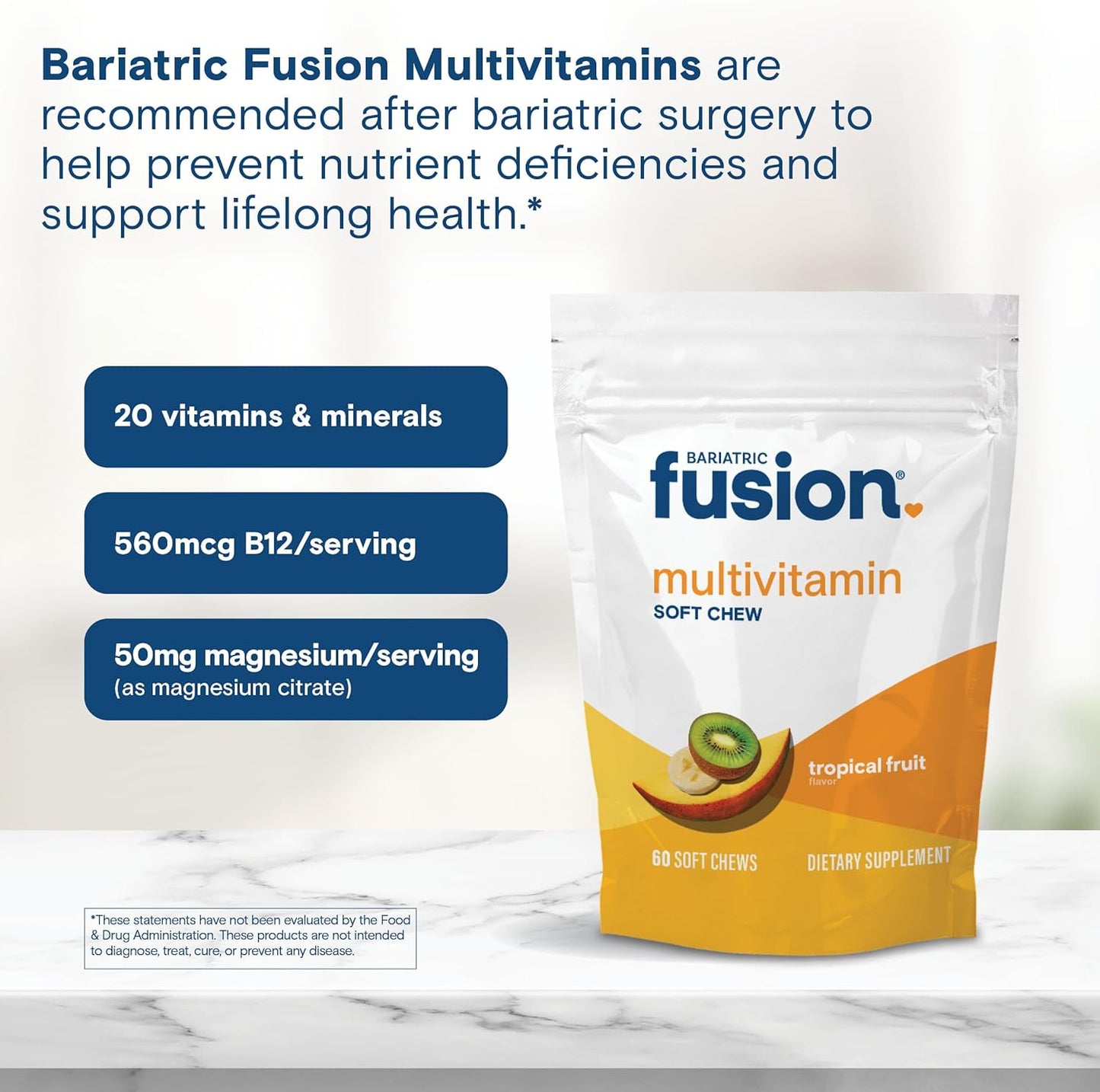 Bariatric Fusion Soft Chew Multivitamin - Tropical Fruit Flavor - 60 Count - Post-Surgery Support for Bariatric Patients - Gastric Bypass & Sleeve Gastrectomy - 1 Month Supply