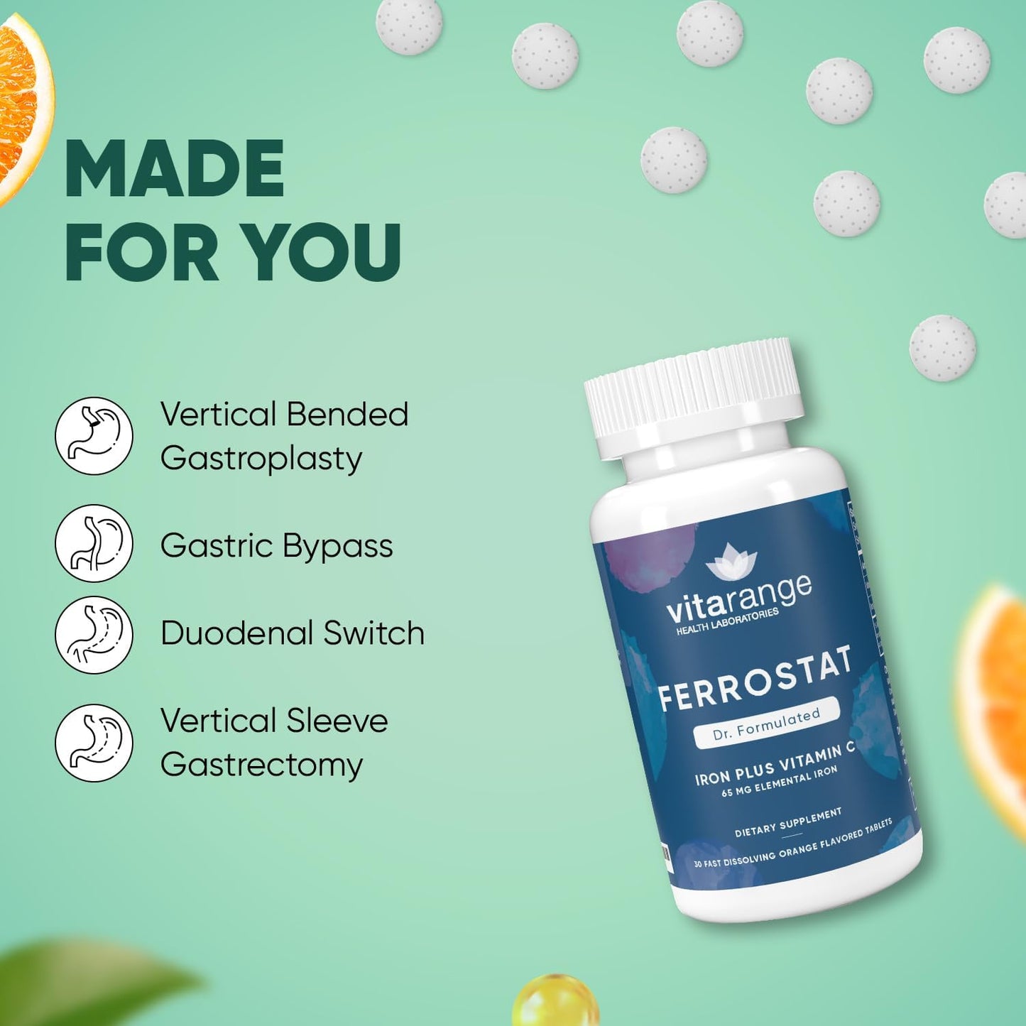 Bariatric Iron Chewables with Vitamin C - 30-Day Supply - Non-Constipating Orange Iron Supplement