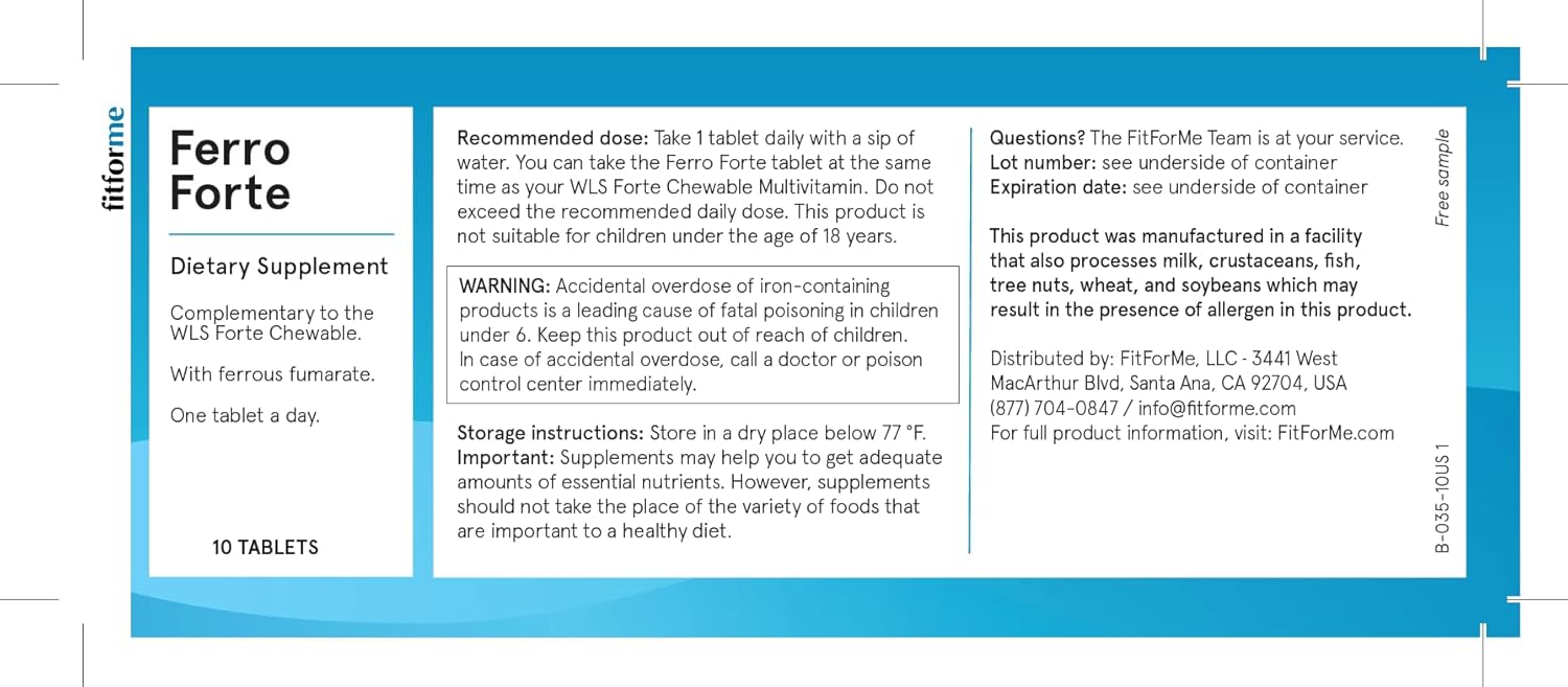 Bariatric Iron Supplement - One a Day Ferro Forte Tablet - 10 Day Supply of Ferrous Iron