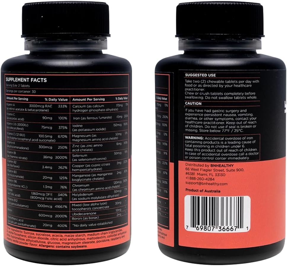 Bariatric Multivitamin Chewable with 26 Essential Nutrients - Raspberry Flavored - 60 Count - Supports Men & Women's Health - 30 Day Supply