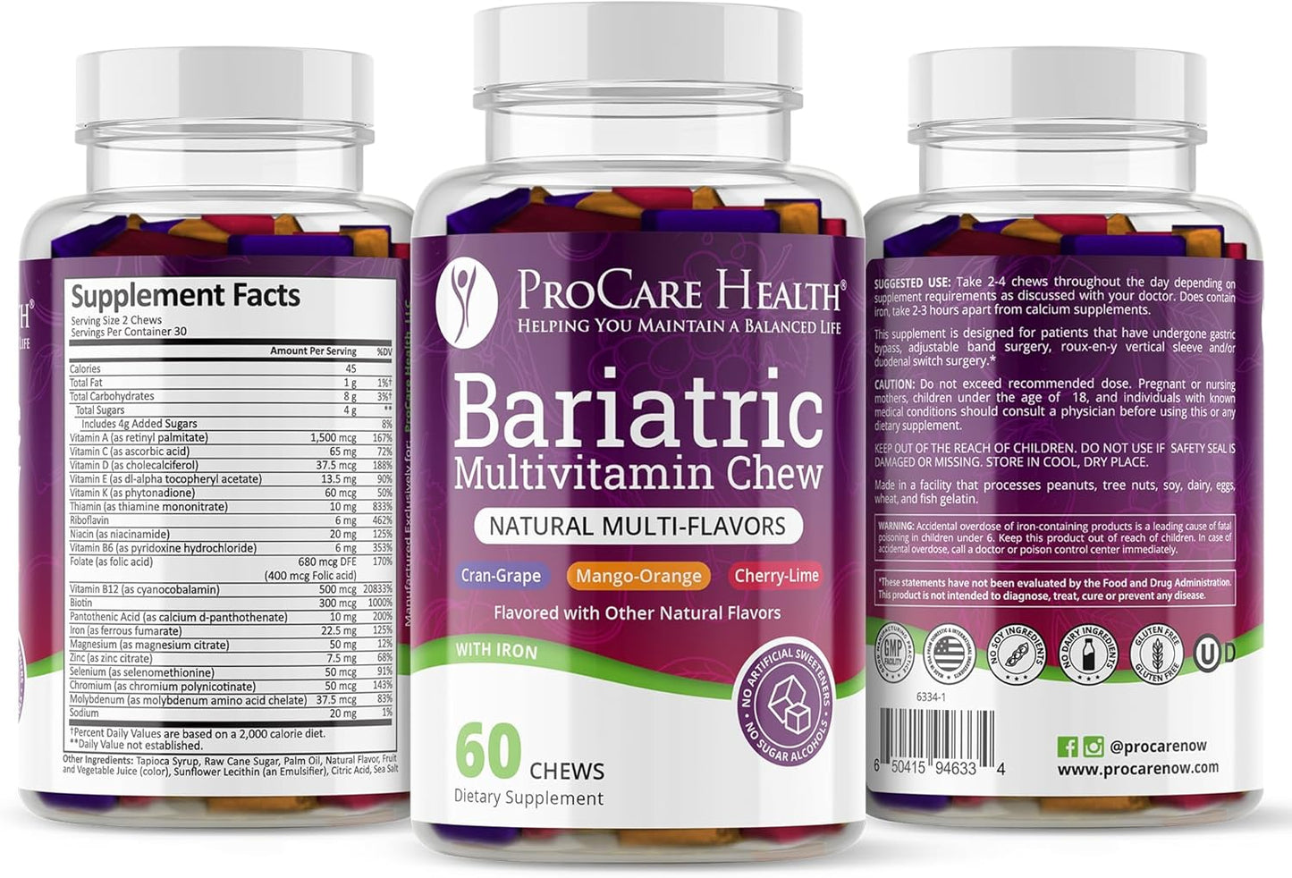 Bariatric Multivitamin Soft Chews with 22.5mg Iron | Individually Wrapped | Multi-Flavor | 60 Count