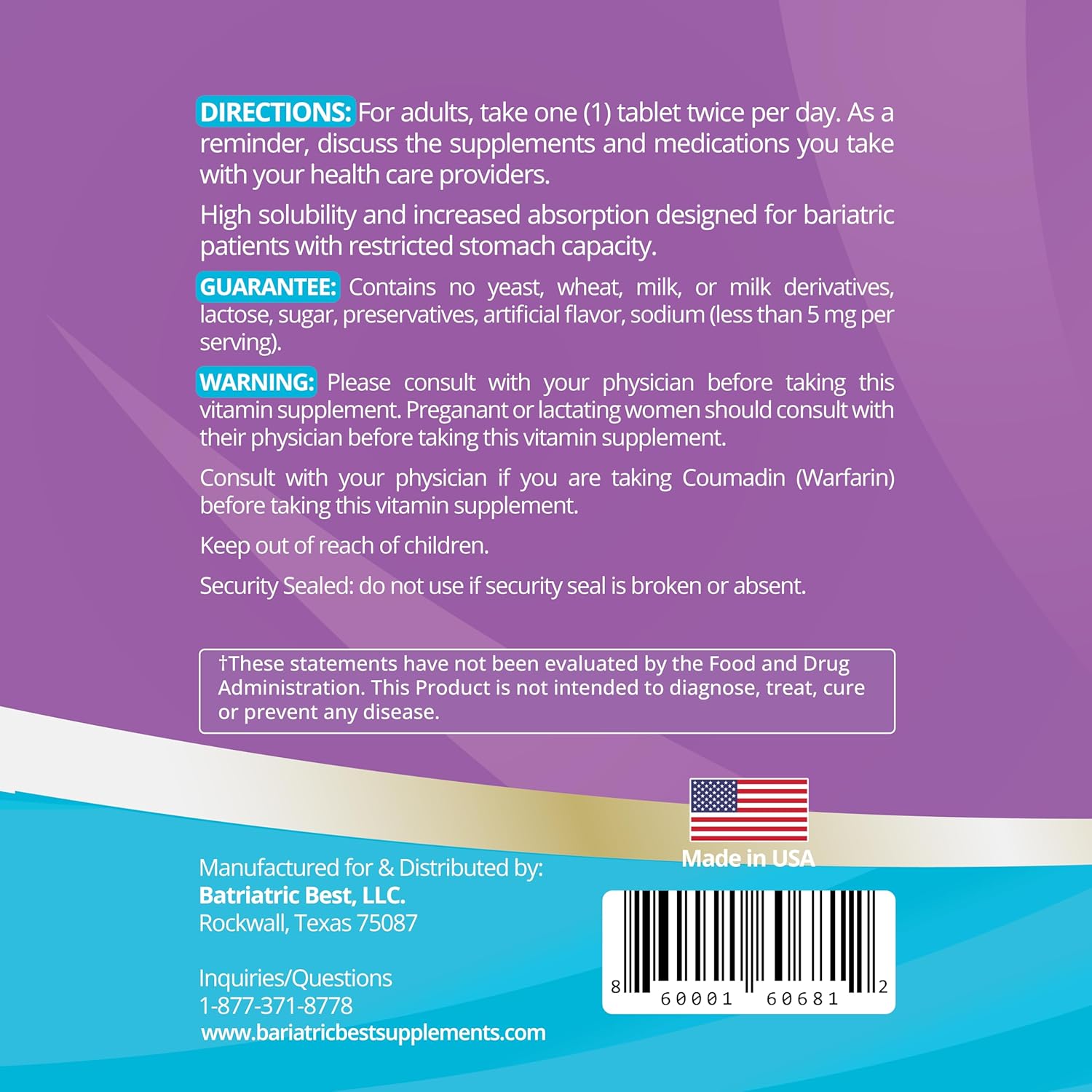 Bariatric Multivitamin with 25 Essential Nutrients for Post-Weight Loss Surgery - 60 Tablets, Meets ASMBS Guidelines