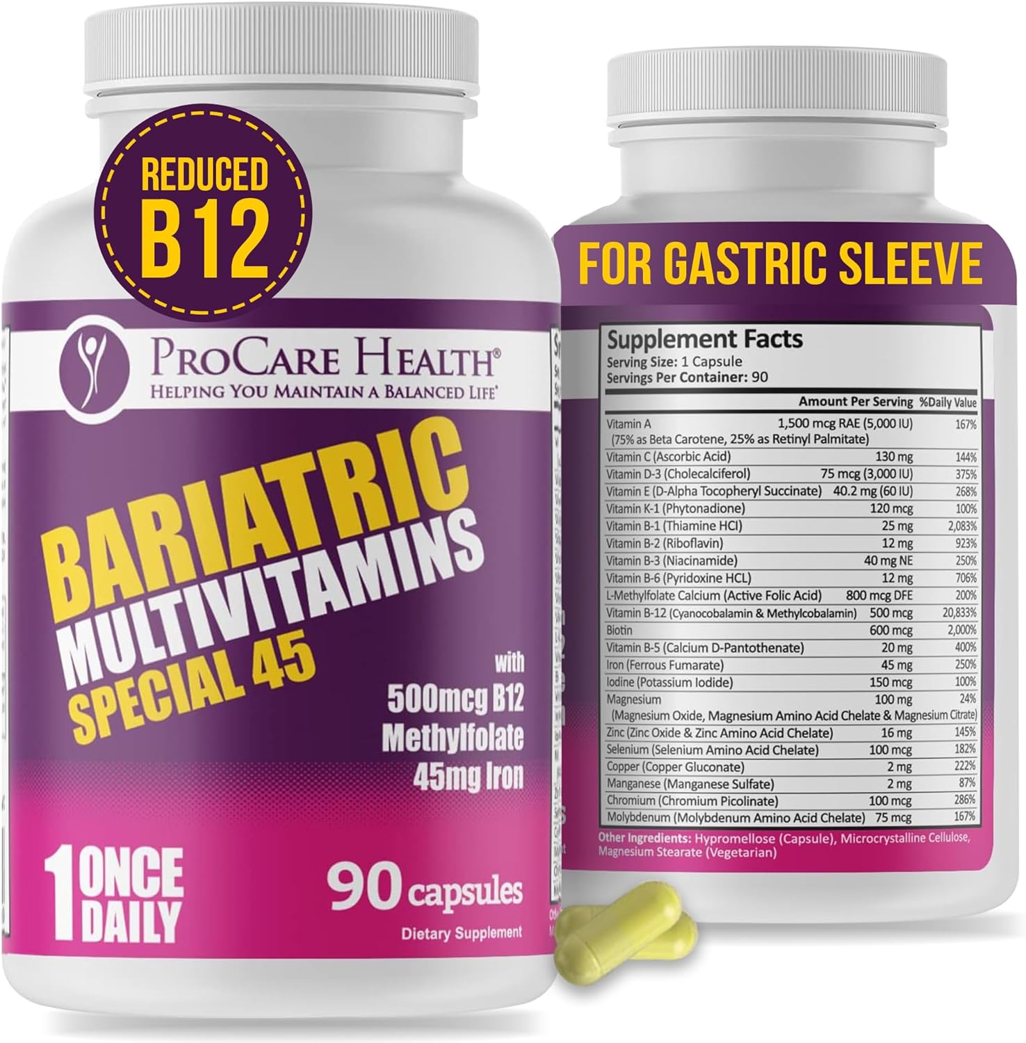 Bariatric Multivitamin with Iron - High Iron Formula for Gastric Bypass Patients - Supports Recovery & Energy - 90 Capsules (3 Month Supply)