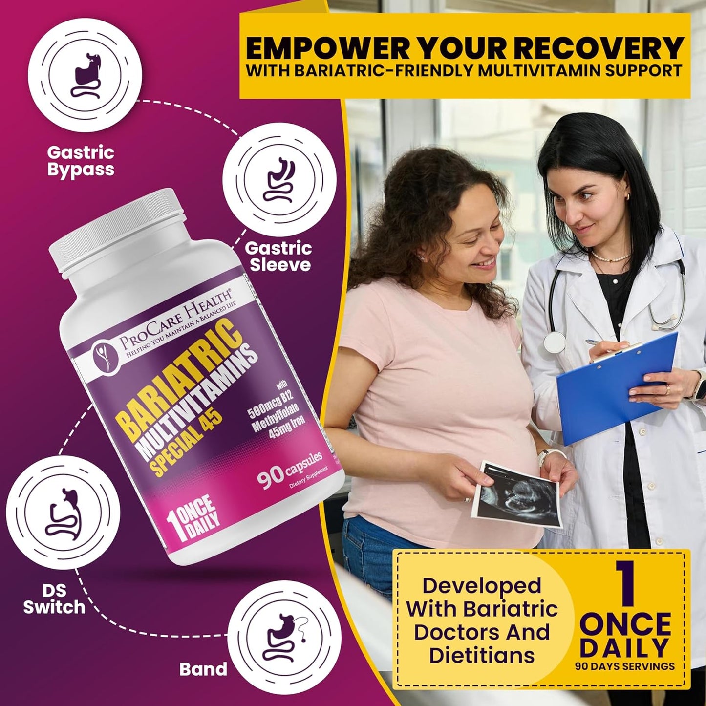 Bariatric Multivitamin with Iron - High Iron Formula for Gastric Bypass Patients - Supports Recovery & Energy - 90 Capsules (3 Month Supply)