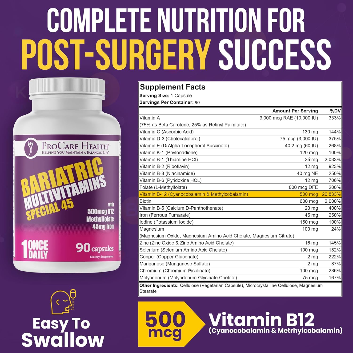Bariatric Multivitamin with Iron - High Iron Formula for Gastric Bypass Patients - Supports Recovery & Energy - 90 Capsules (3 Month Supply)