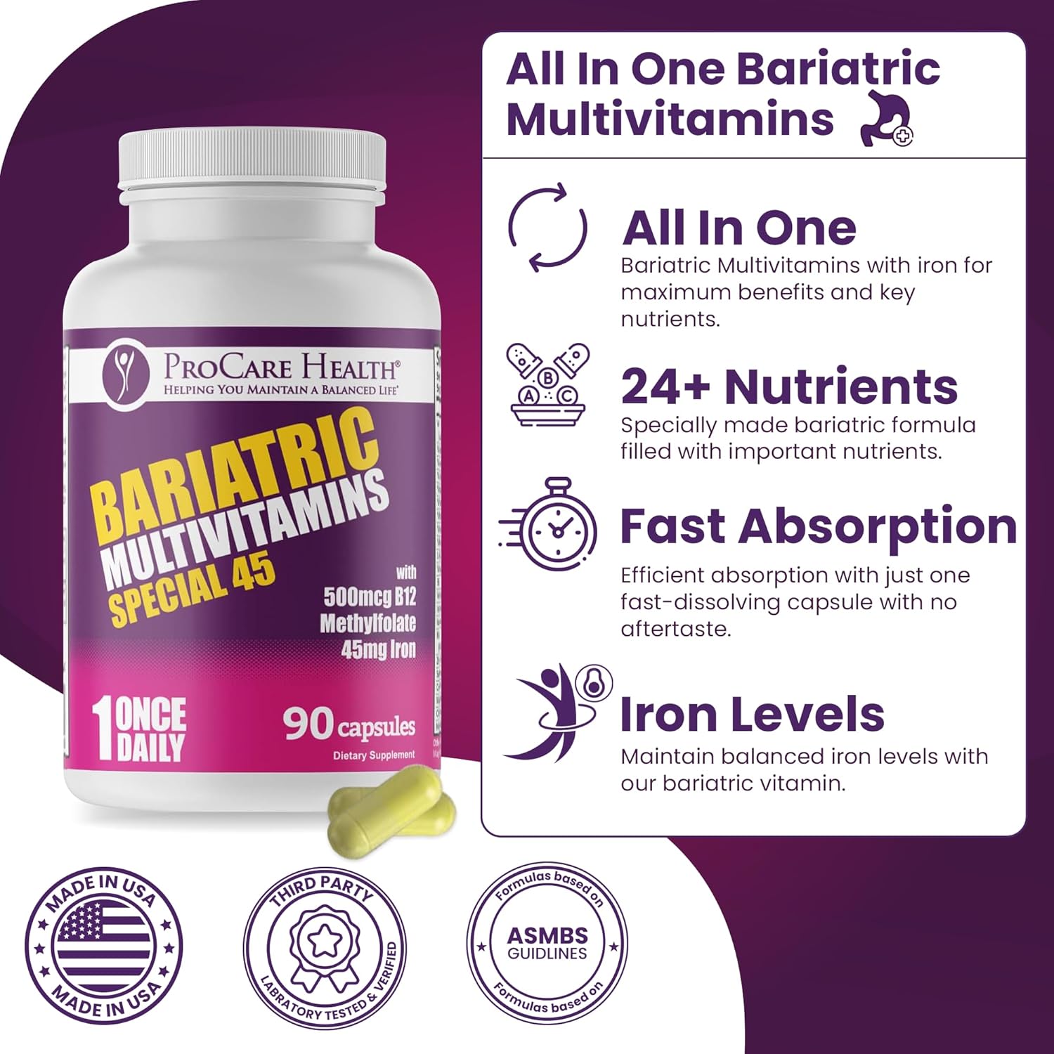 Bariatric Multivitamin with Iron - High Iron Formula for Gastric Bypass Patients - Supports Recovery & Energy - 90 Capsules (3 Month Supply)