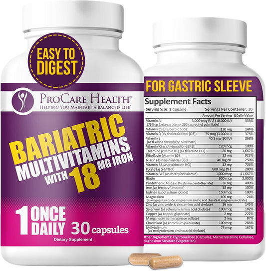 Bariatric Multivitamin with Iron 18mg - Easy to Swallow Capsules for Post-Op Gastric Bypass Patients - Sleeve Patients Must-Have (30ct)