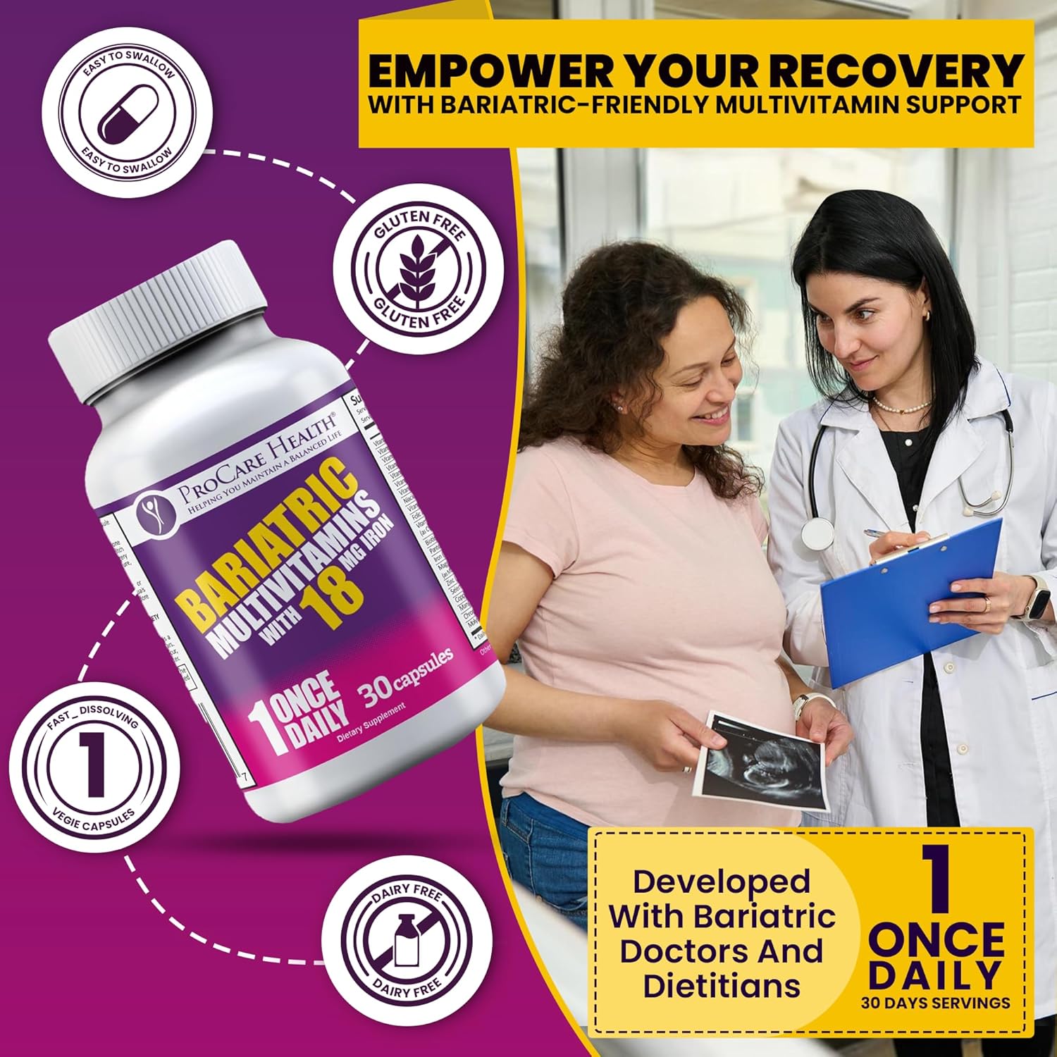 Bariatric Multivitamin with Iron 18mg - Easy to Swallow Capsules for Post-Op Gastric Bypass Patients - Sleeve Patients Must-Have (30ct)