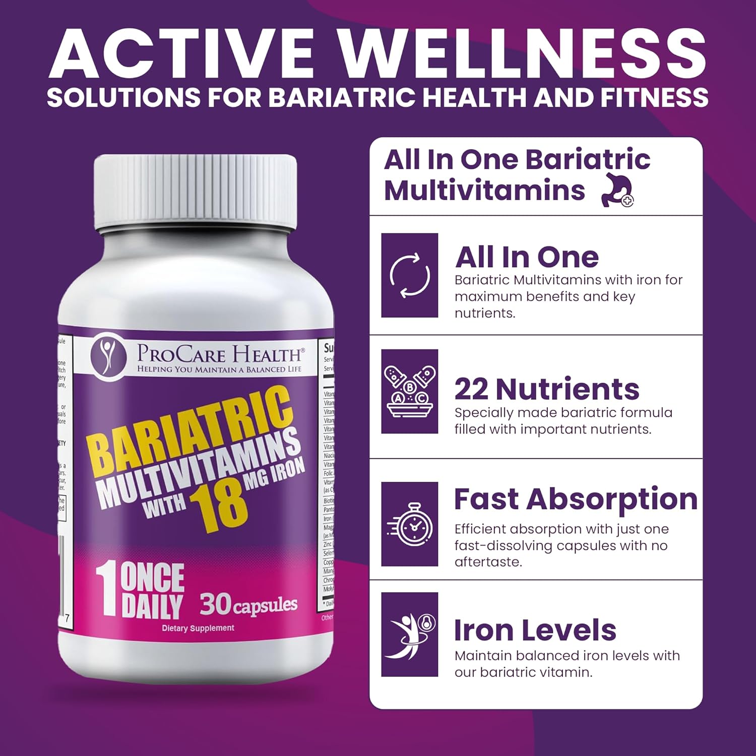 Bariatric Multivitamin with Iron 18mg - Easy to Swallow Capsules for Post-Op Gastric Bypass Patients - Sleeve Patients Must-Have (30ct)
