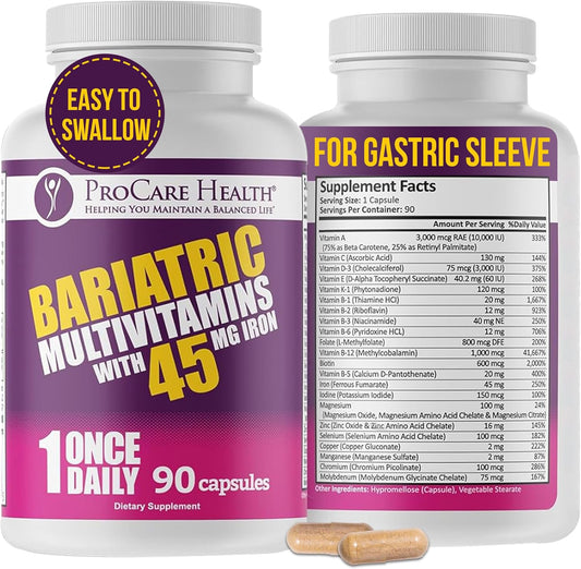 Bariatric Multivitamin with Iron 45mg - 90 Easy to Swallow Capsules - Post Op Vitamins for Gastric Bypass & Sleeve Patients - Sustain Recovery & Energy - 3 Month Supply