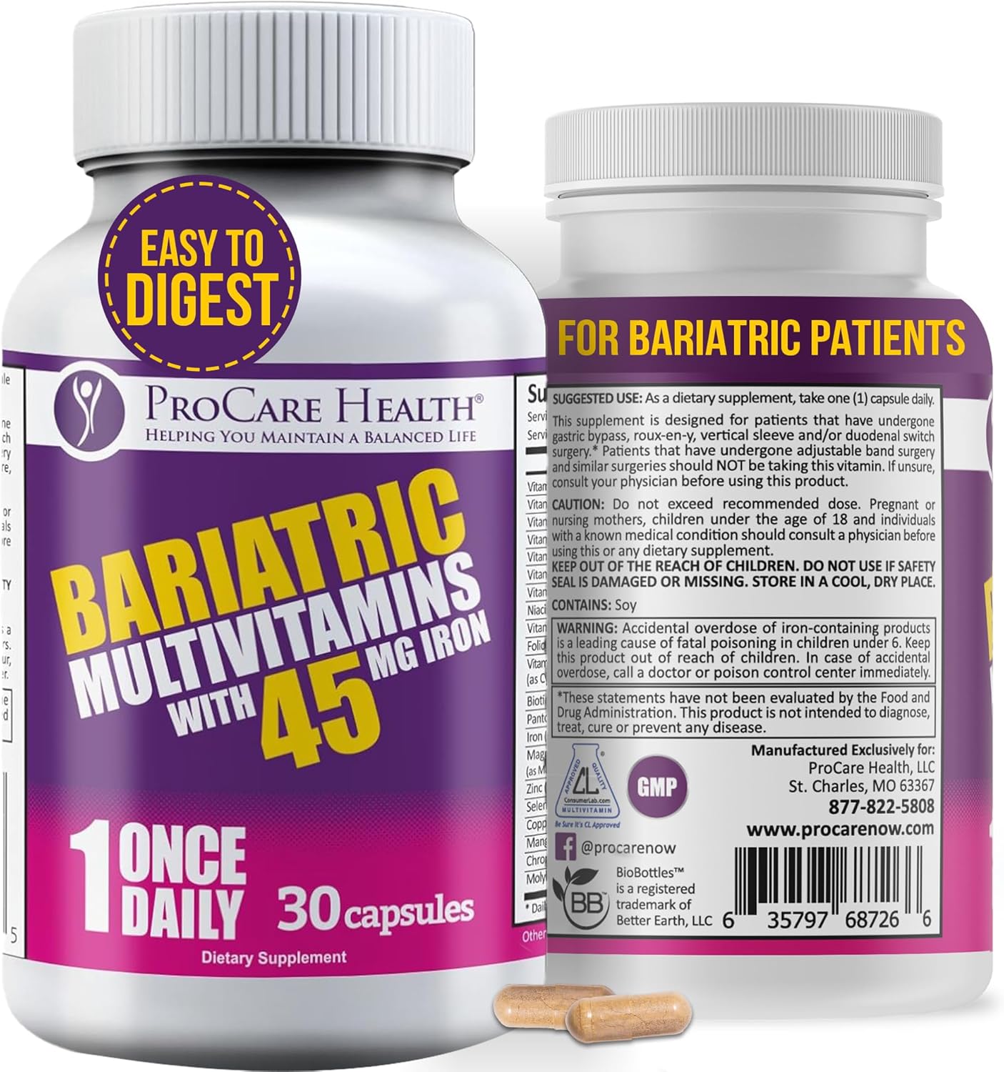Bariatric Multivitamin with Iron 45mg - Easy to Swallow Capsules for Gastric Bypass & Sleeve Patients, Supports Recovery & Energy - 30 Day Supply