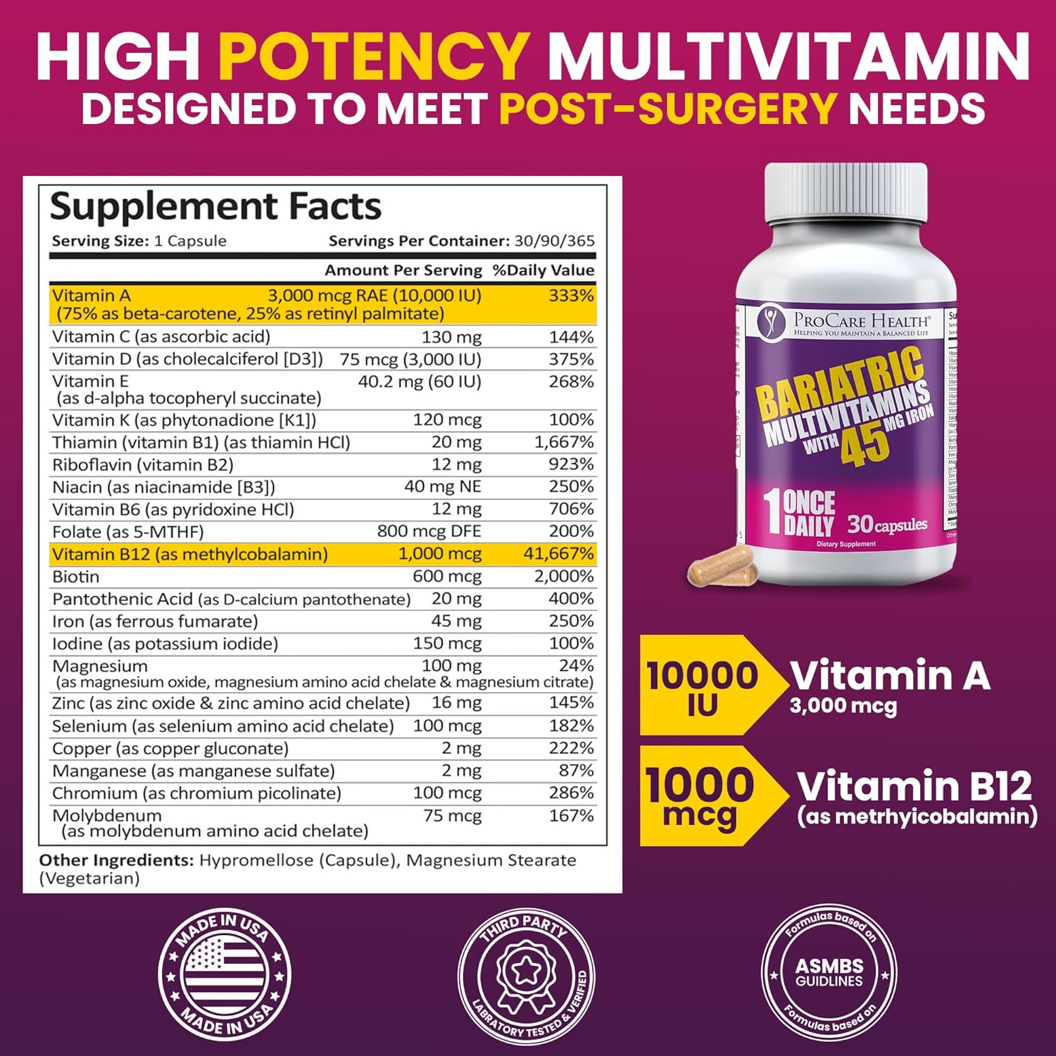 Bariatric Multivitamin with Iron 45mg - Easy to Swallow Capsules for Gastric Bypass & Sleeve Patients, Supports Recovery & Energy - 30 Day Supply