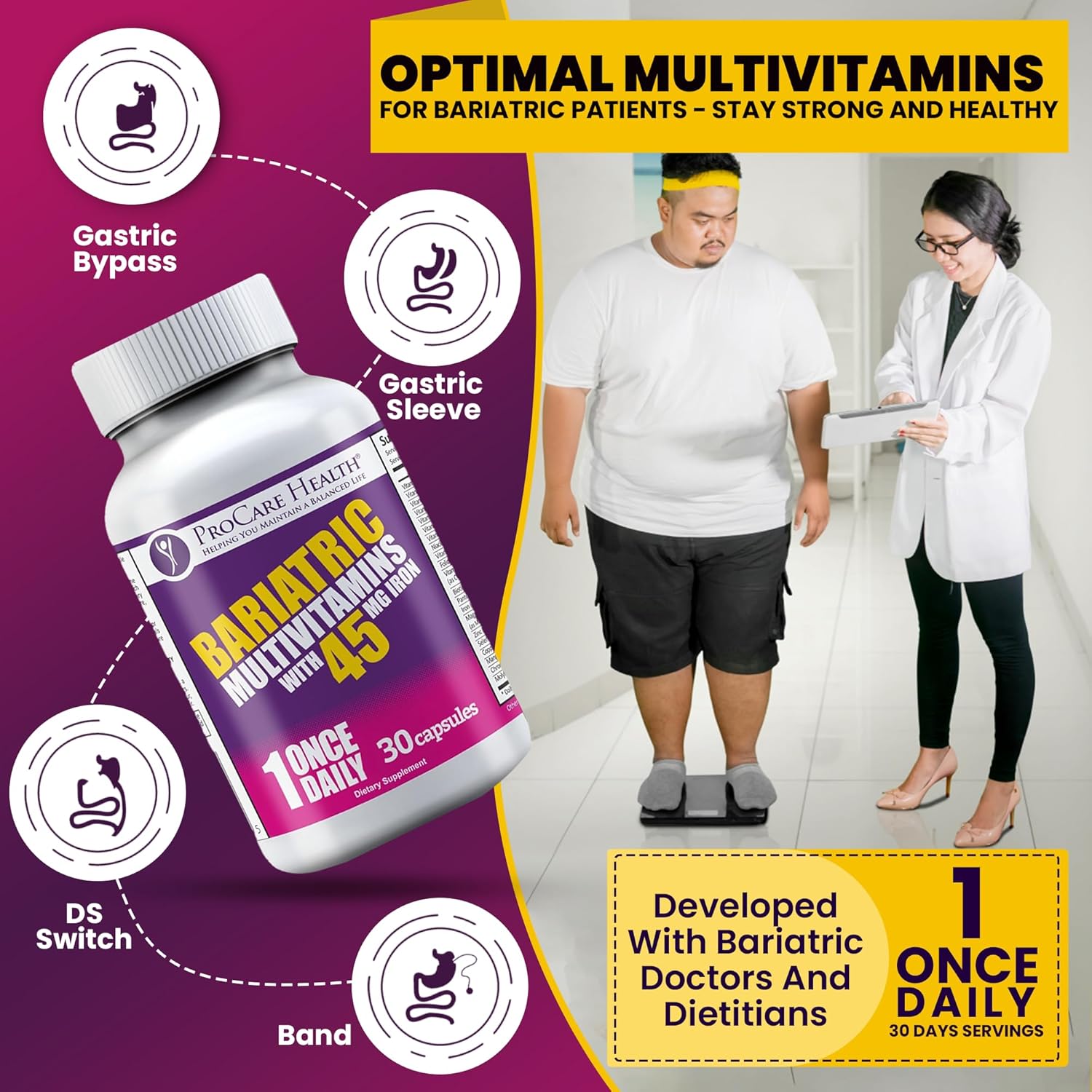 Bariatric Multivitamin with Iron 45mg - Easy to Swallow Capsules for Gastric Bypass & Sleeve Patients, Supports Recovery & Energy - 30 Day Supply
