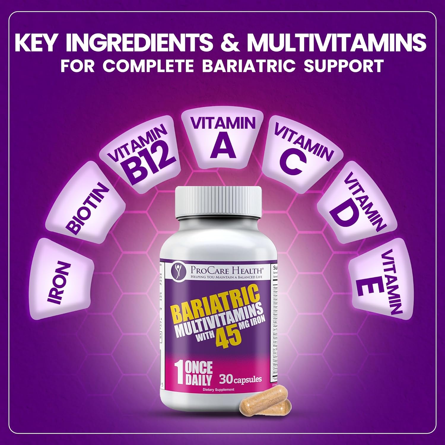 Bariatric Multivitamin with Iron 45mg - Easy to Swallow Capsules for Gastric Bypass & Sleeve Patients, Supports Recovery & Energy - 30 Day Supply