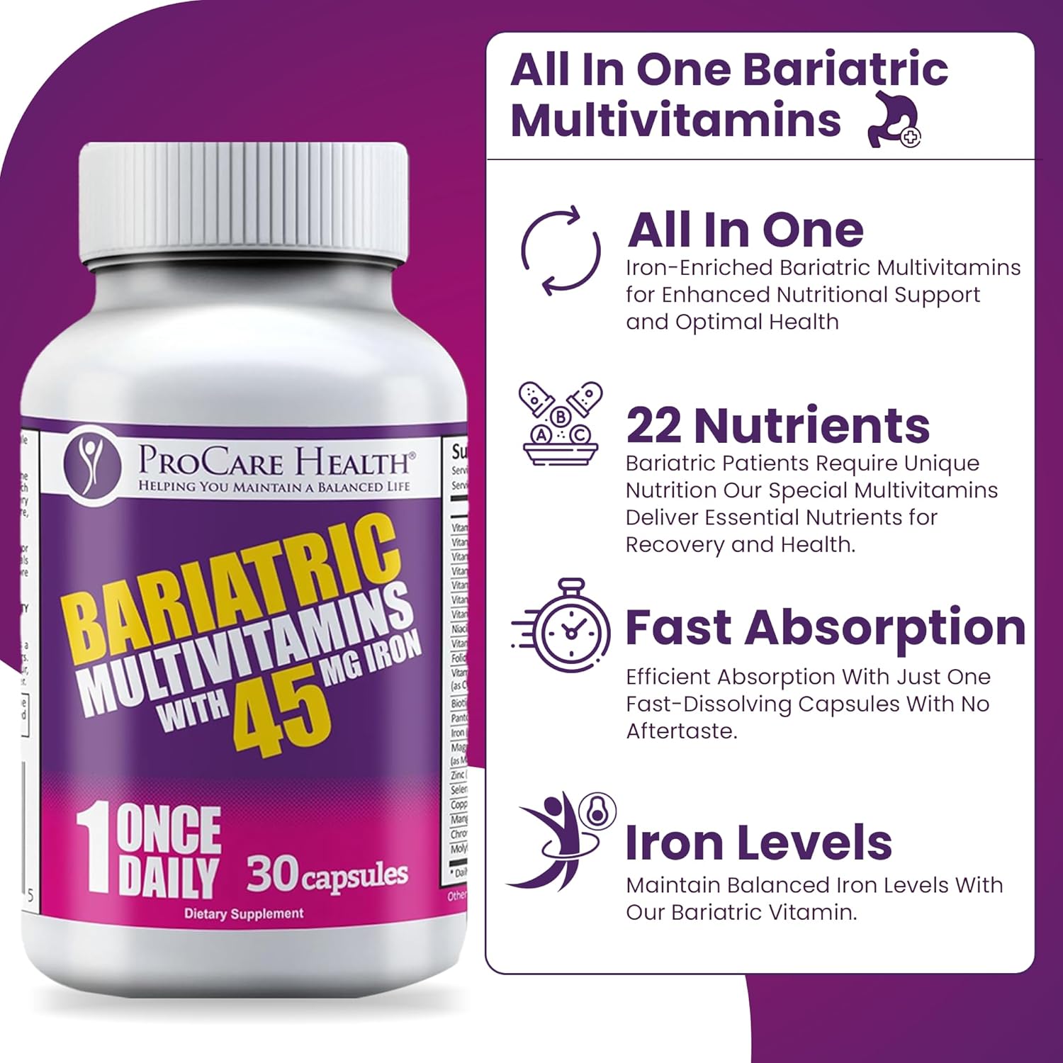 Bariatric Multivitamin with Iron 45mg - Easy to Swallow Capsules for Gastric Bypass & Sleeve Patients, Supports Recovery & Energy - 30 Day Supply