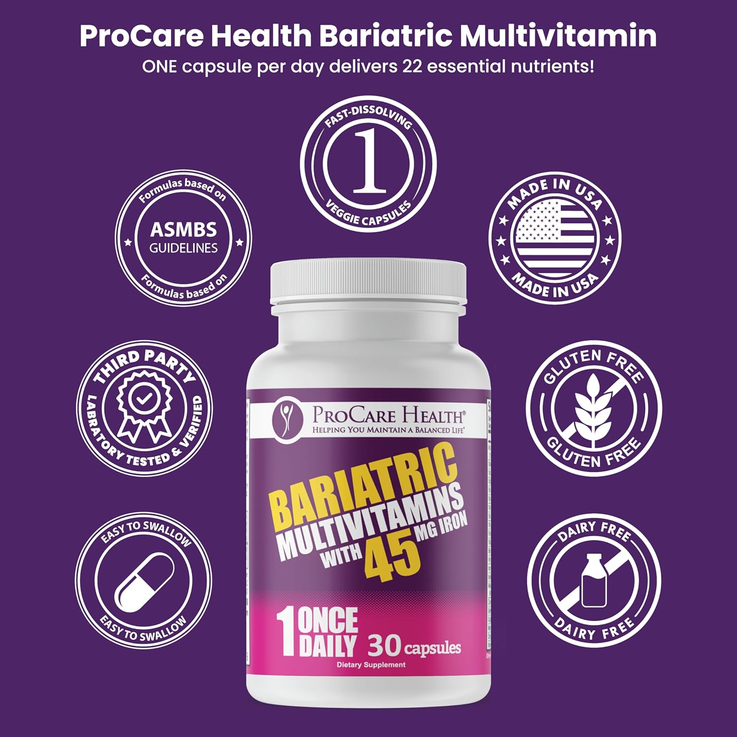 Bariatric Multivitamin with Iron 45mg - Easy to Swallow Capsules for Gastric Bypass & Sleeve Patients, Supports Recovery & Energy - 30 Day Supply