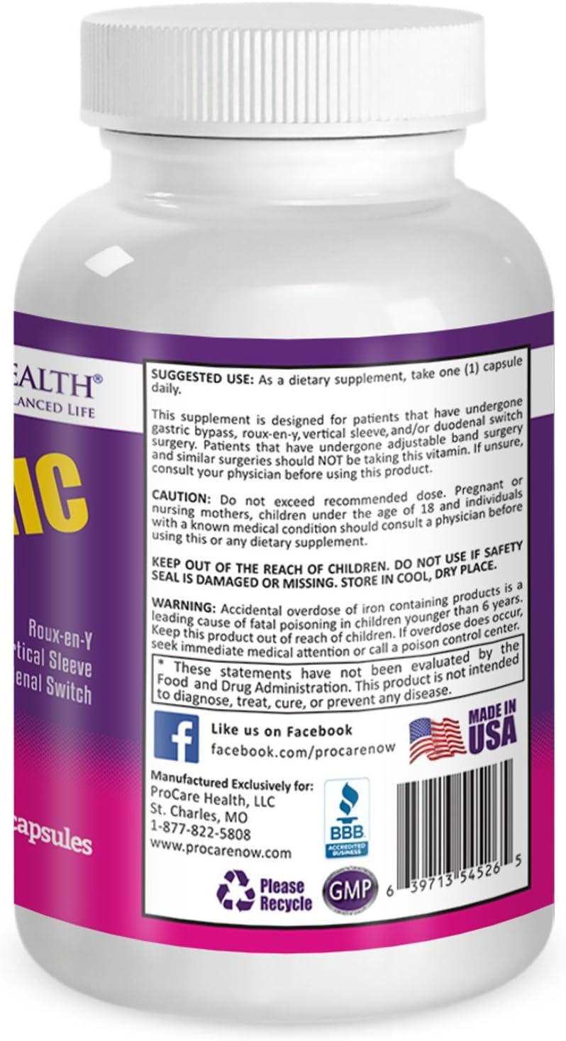 Bariatric Multivitamin with Iron 45mg - Easy to Swallow Capsules for Gastric Bypass & Sleeve Patients, Supports Recovery & Energy - 30 Day Supply