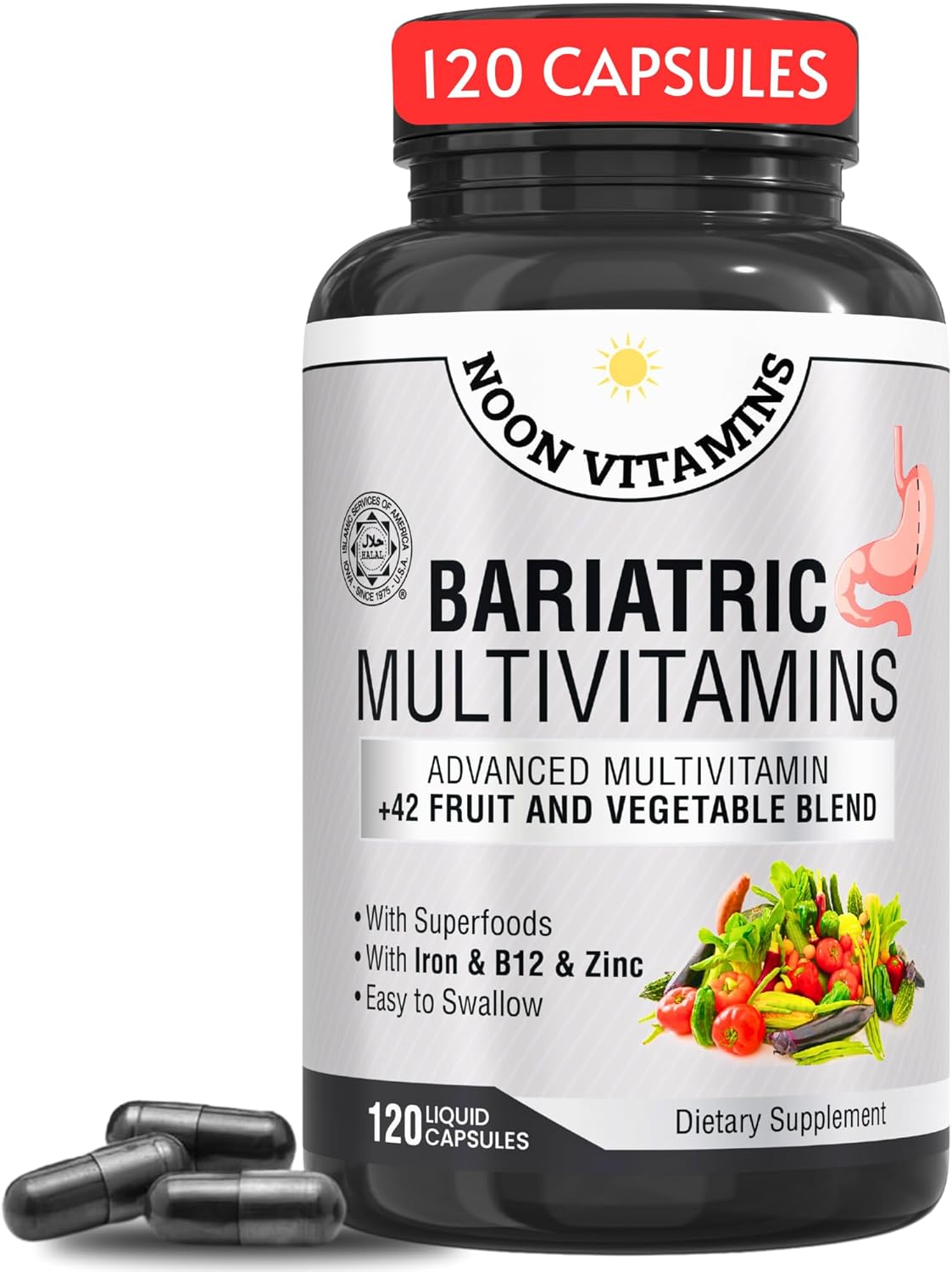 Bariatric Multivitamin with Iron for Men & Women - 42 Superfood Blend - Post-Surgery Support - Halal - Made in USA - 2-Month Supply (120 Capsules)