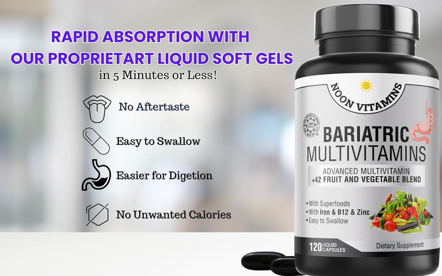 Bariatric Multivitamin with Iron for Men & Women - 42 Superfood Blend - Post-Surgery Support - Halal - Made in USA - 2-Month Supply (120 Capsules)