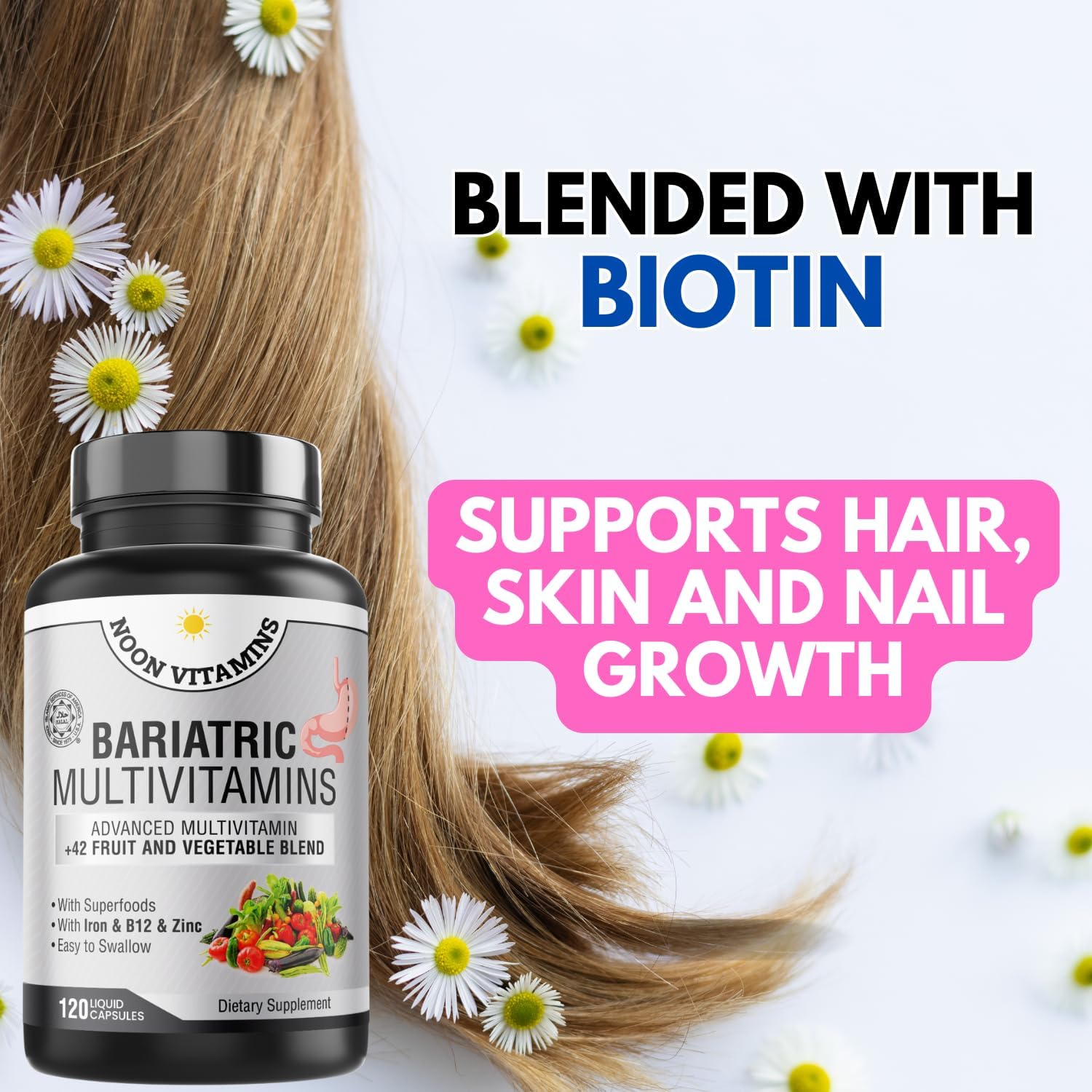 Bariatric Multivitamin with Iron for Men & Women - 42 Superfood Blend - Post-Surgery Support - Halal - Made in USA - 2-Month Supply (120 Capsules)