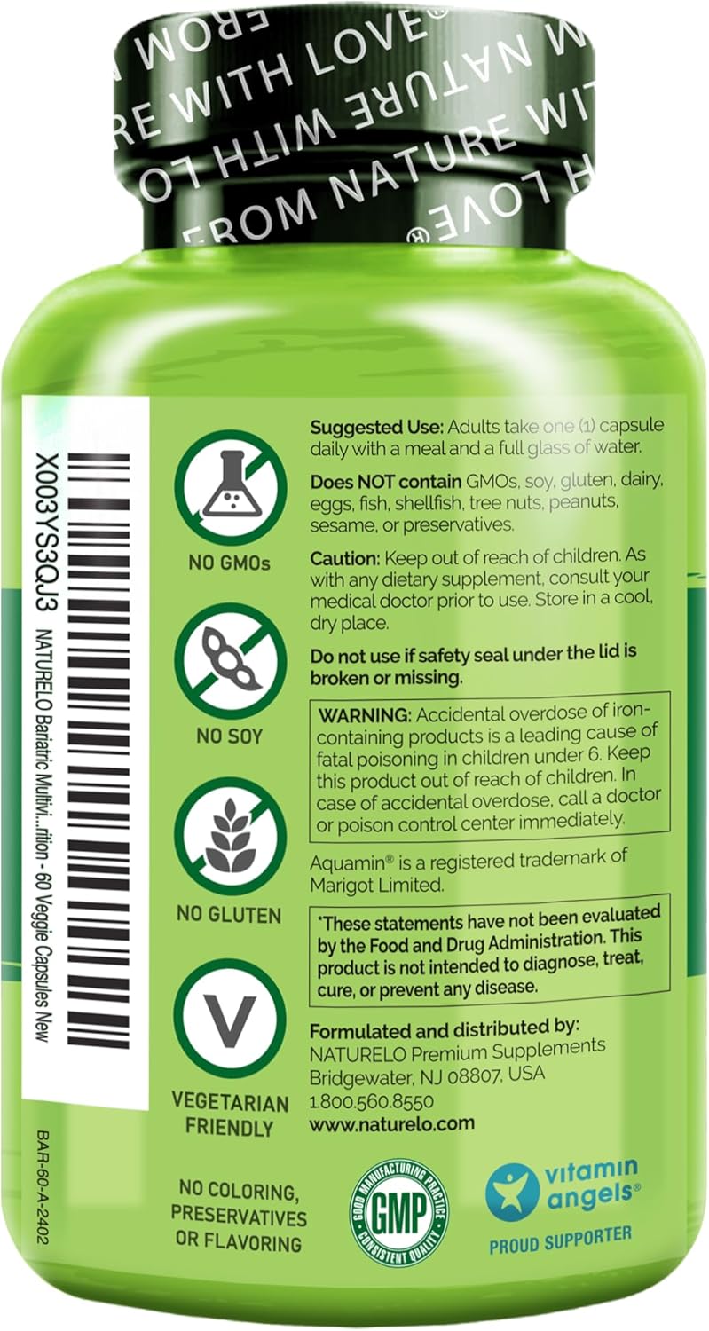 Bariatric Multivitamin with Iron for Post-Gastric Bypass Surgery - Natural Whole Food Nutrition - 120 Veggie Capsules