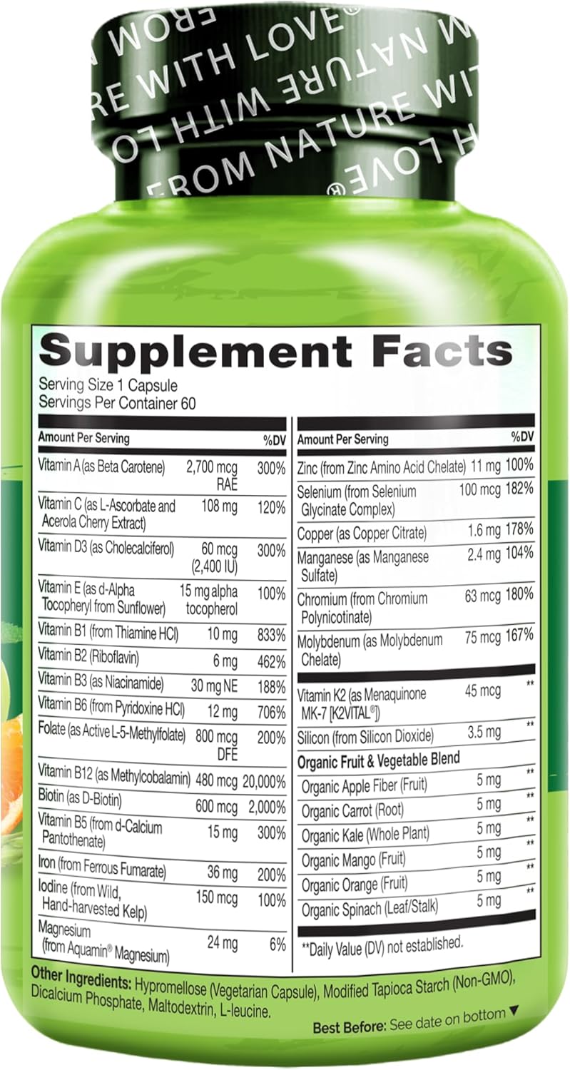 Bariatric Multivitamin with Iron for Post-Gastric Bypass Surgery - Natural Whole Food Nutrition - 120 Veggie Capsules