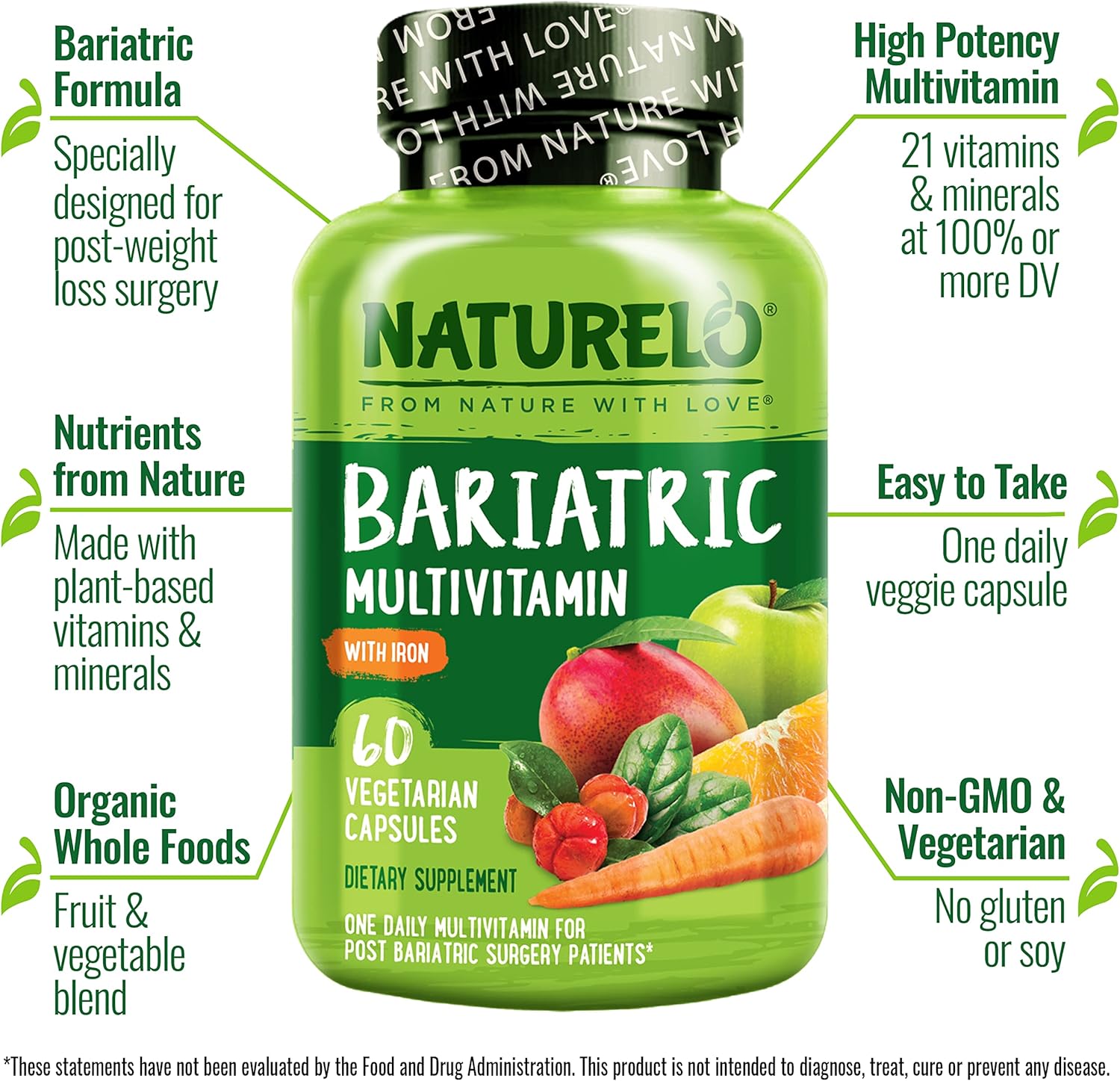 Bariatric Multivitamin with Iron for Post-Gastric Bypass Surgery - Natural Whole Food Nutrition - 120 Veggie Capsules