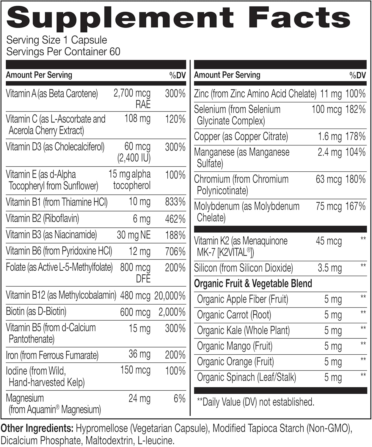 Bariatric Multivitamin with Iron for Post-Gastric Bypass Surgery - Natural Whole Food Nutrition - 120 Veggie Capsules