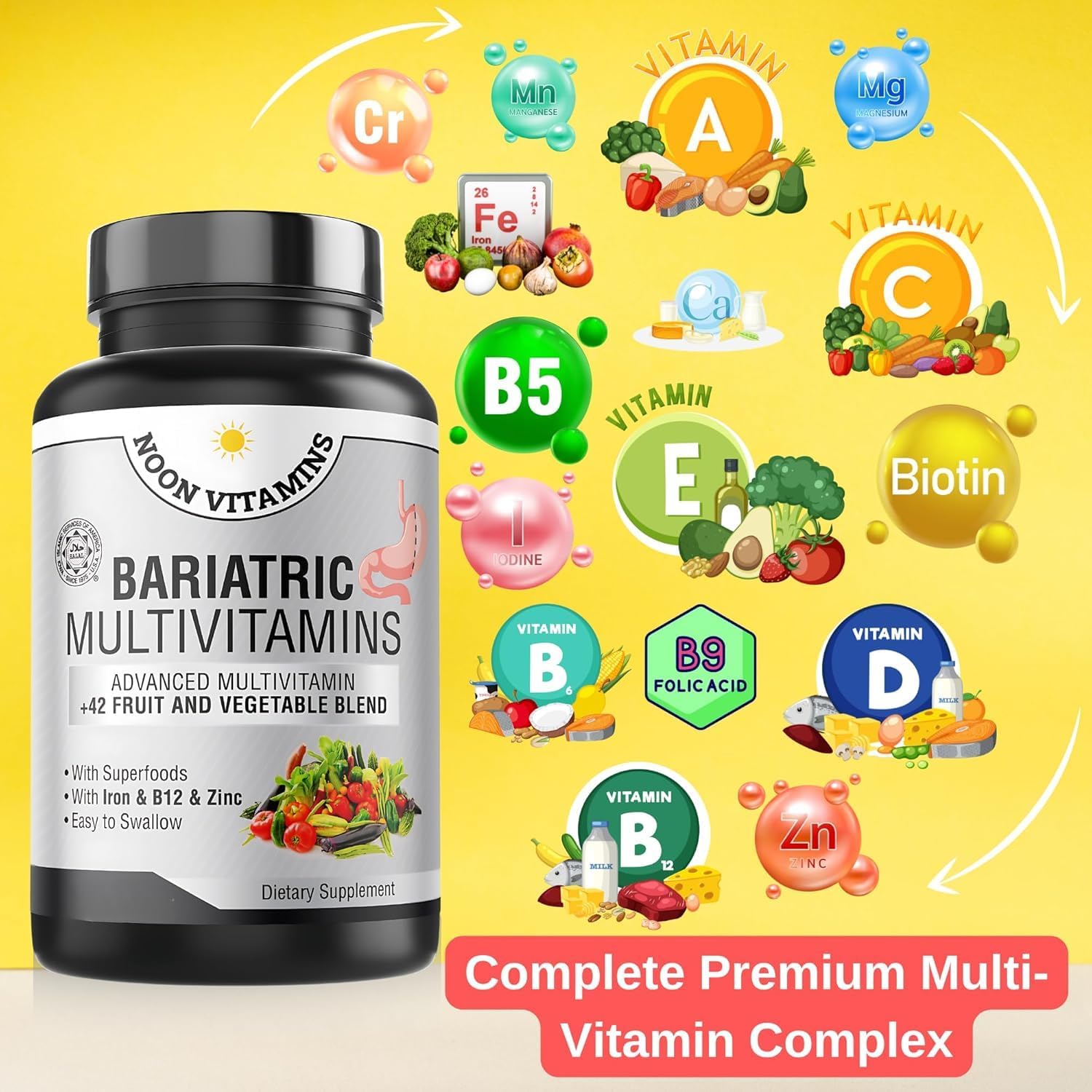 Bariatric Multivitamin with Iron for Women & Men - 42 Superfood Blend for Energy & Immune Support - Post-Surgery Recovery - Easy-to-Swallow - Halal - Made in USA - 60 Capsules