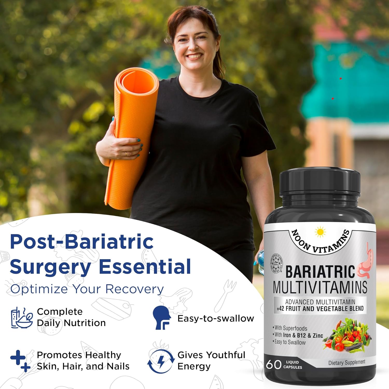 Bariatric Multivitamin with Iron for Women & Men - 42 Superfood Blend for Energy & Immune Support - Post-Surgery Recovery - Easy-to-Swallow - Halal - Made in USA - 60 Capsules