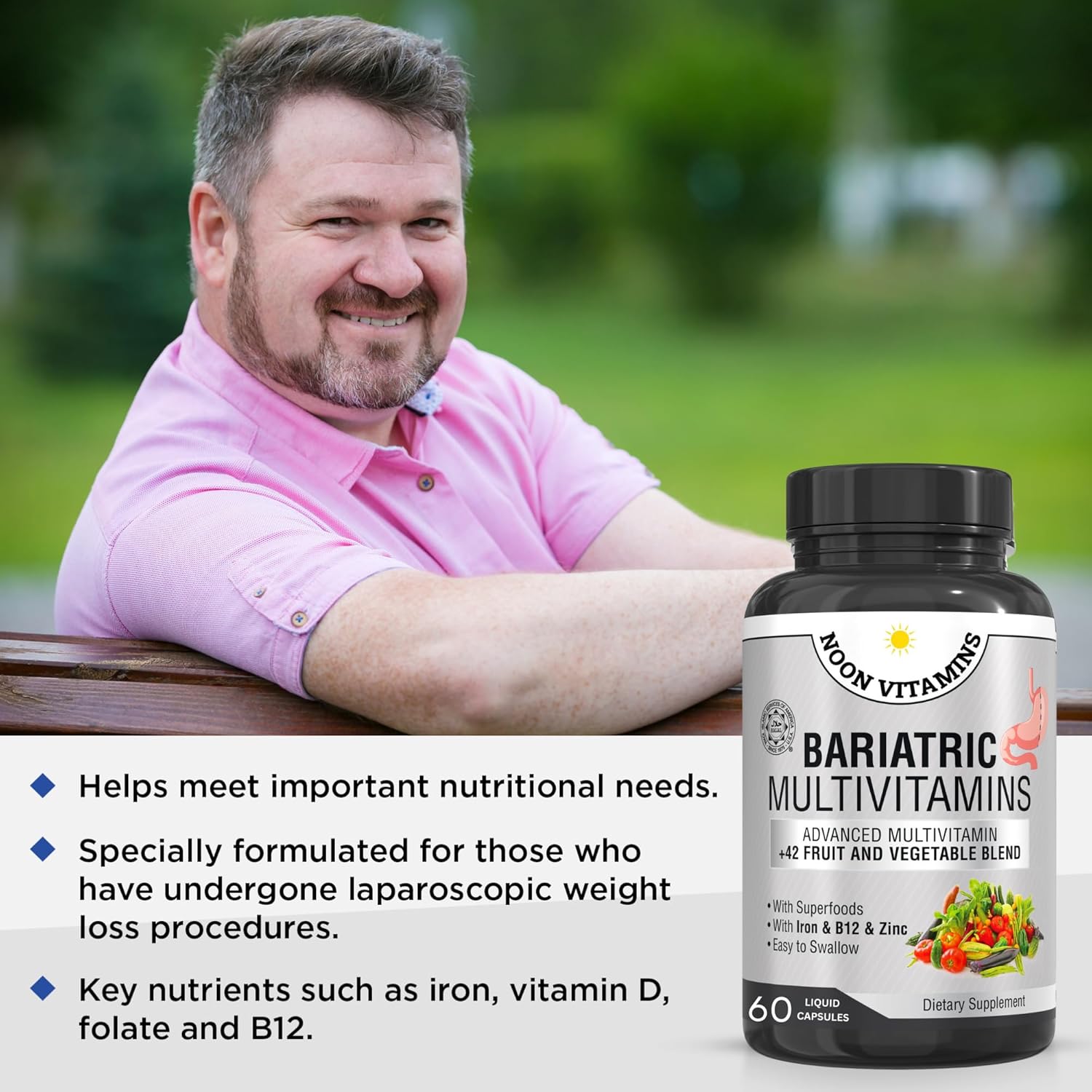 Bariatric Multivitamin with Iron for Women & Men - 42 Superfood Blend for Energy & Immune Support - Post-Surgery Recovery - Easy-to-Swallow - Halal - Made in USA - 60 Capsules