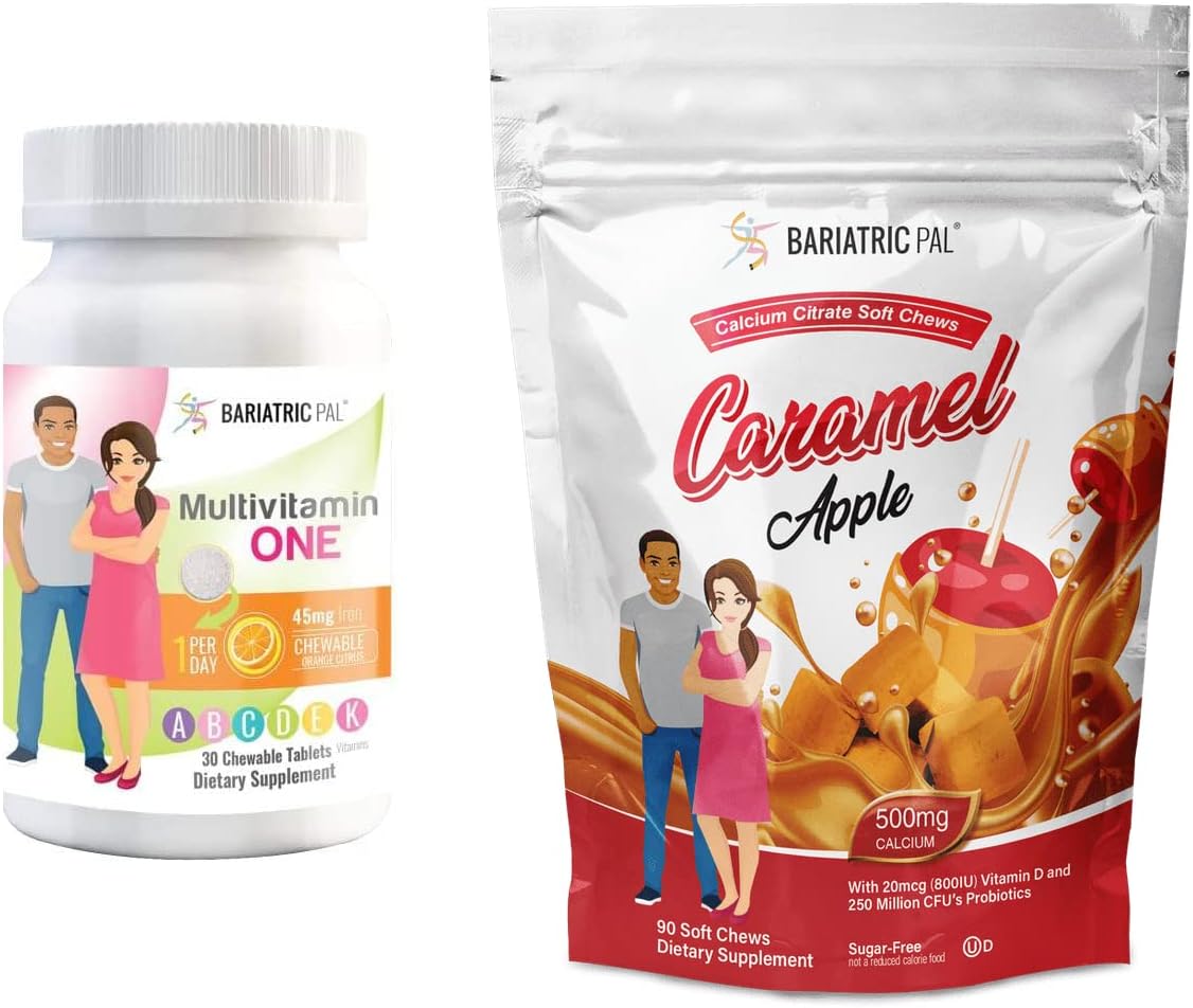 BariatricPal 30-Day Vitamin Bundle: Multivitamin & Iron Chewables - Orange Citrus, Calcium Citrate Soft Chews with Probiotics - Caramel Apple