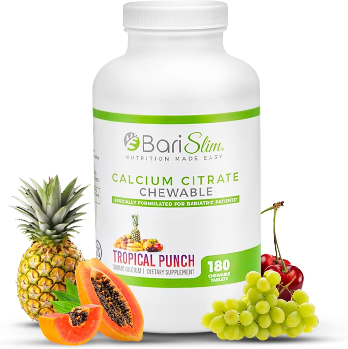 BariSlim Bariatric Calcium Citrate with Magnesium and Vitamin D Tablets - 500 mg Calcium Citrate - Ideal for Weight Loss Surgery Patients - Tropical Punch Flavor (90 Servings)