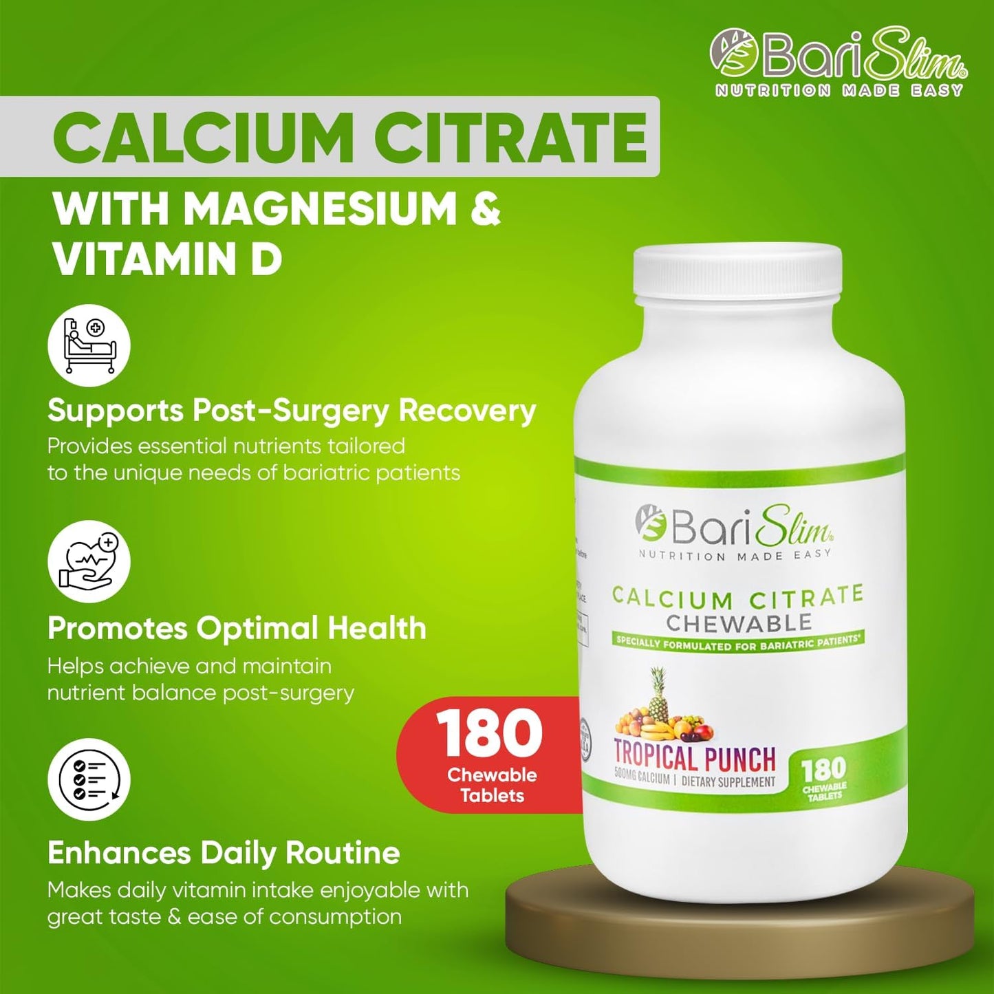 BariSlim Bariatric Calcium Citrate with Magnesium and Vitamin D Tablets - 500 mg Calcium Citrate - Ideal for Weight Loss Surgery Patients - Tropical Punch Flavor (90 Servings)