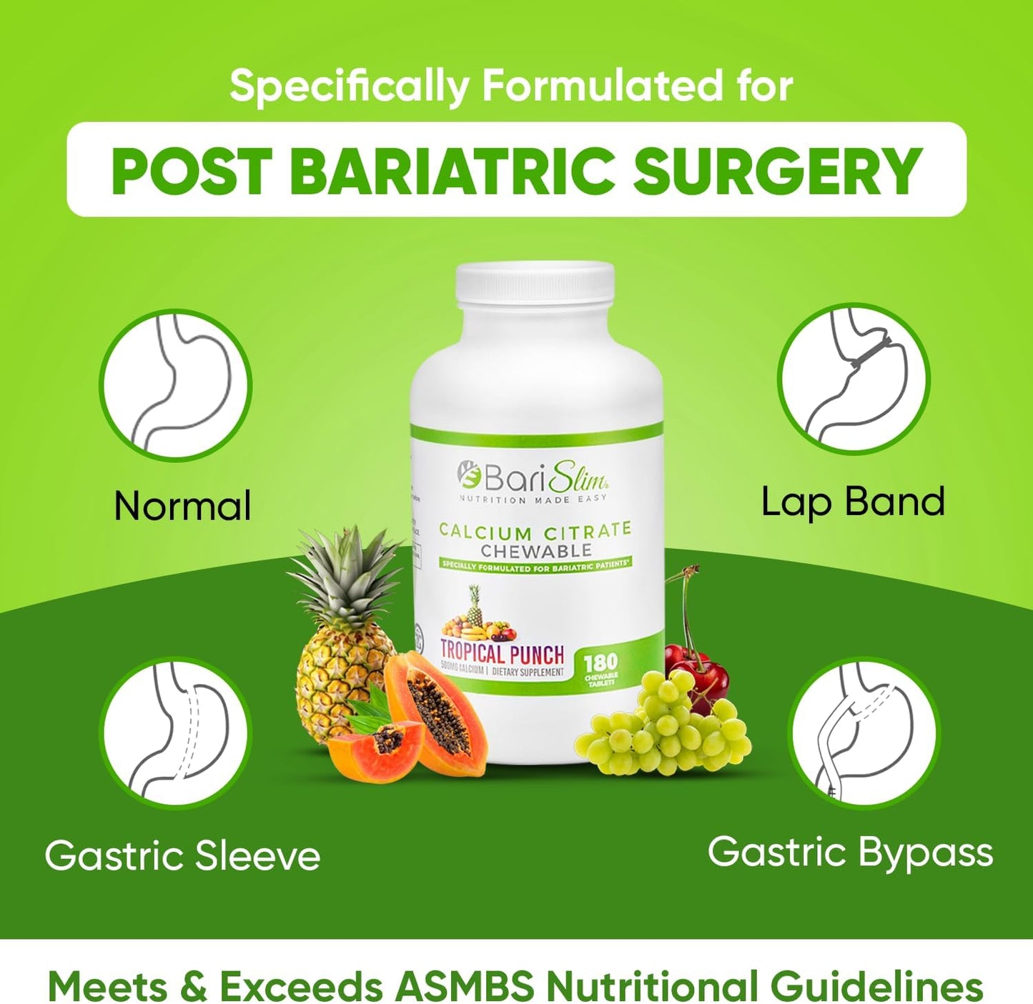BariSlim Bariatric Calcium Citrate with Magnesium and Vitamin D Tablets - 500 mg Calcium Citrate - Ideal for Weight Loss Surgery Patients - Tropical Punch Flavor (90 Servings)
