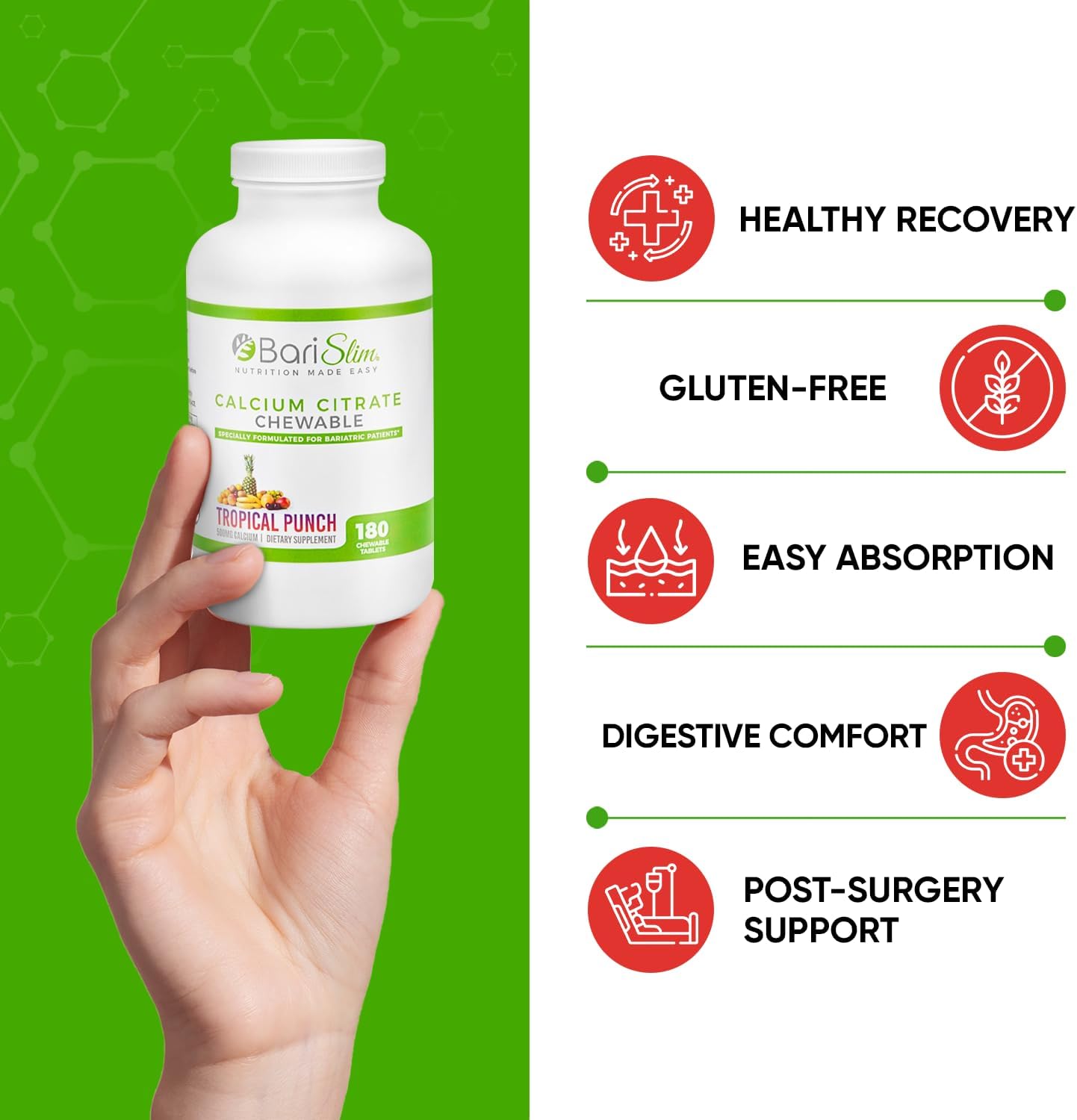 BariSlim Bariatric Calcium Citrate with Magnesium and Vitamin D Tablets - 500 mg Calcium Citrate - Ideal for Weight Loss Surgery Patients - Tropical Punch Flavor (90 Servings)