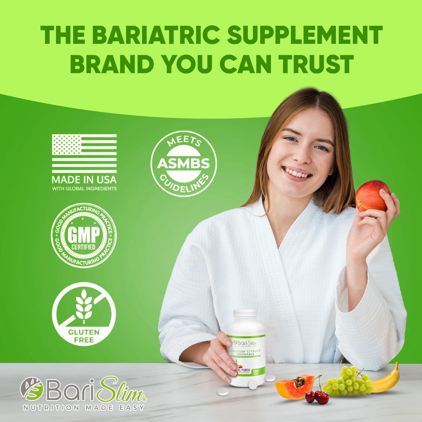 BariSlim Bariatric Calcium Citrate with Magnesium and Vitamin D Tablets - 500 mg Calcium Citrate - Ideal for Weight Loss Surgery Patients - Tropical Punch Flavor (90 Servings)