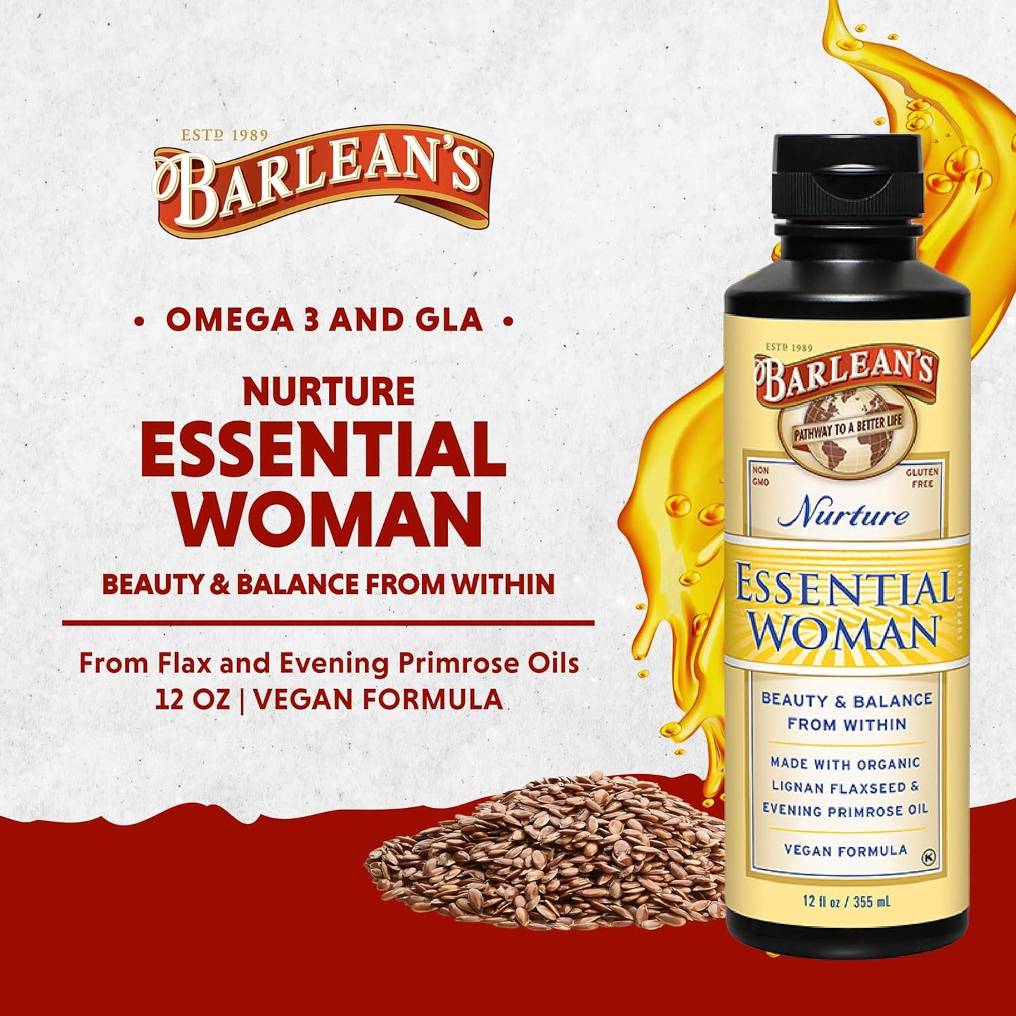 Barlean's Essential Woman Liquid Supplement, Organic Flaxseed & Evening Primrose Oil, Omega 3 6 9, 12 oz