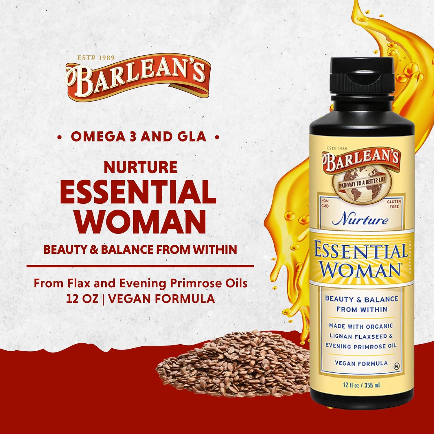 Barlean's Essential Woman Liquid Supplement, Organic Flaxseed & Evening Primrose Oil, Omega 3 6 9, 12 oz