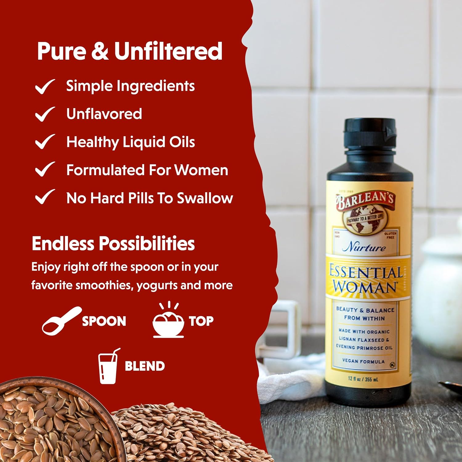 Barlean's Essential Woman Liquid Supplement, Organic Flaxseed & Evening Primrose Oil, Omega 3 6 9, 12 oz