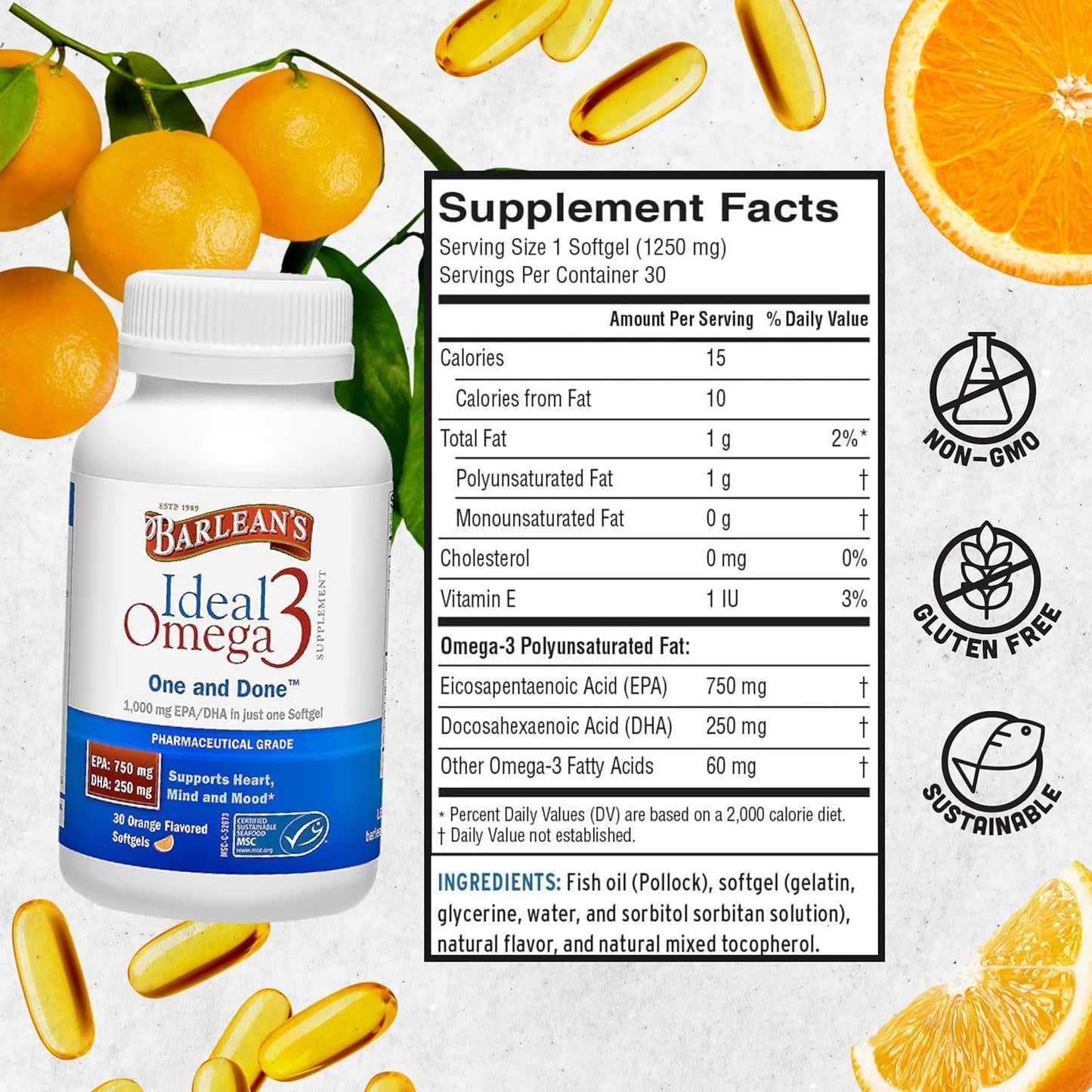 Barlean's Ideal Omega 3 Fish Oil Softgels, 1,000mg, Pharmaceutical Grade EPA & DHA, Orange Flavor - 30 ct