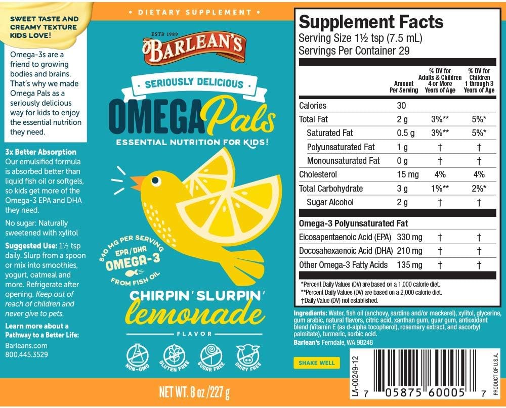 Barlean's Kid's Omega Swirl Fish Oil Lemonade 8oz Bottles - Pack of 2
