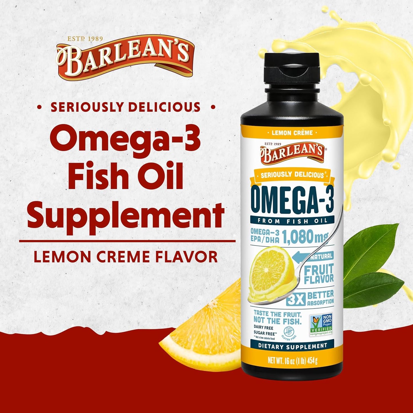 Barlean's Lemon Crème Omega 3 Fish Oil Liquid Supplement - 1080mg EPA & DHA Fatty Acid - 16 oz Bottle