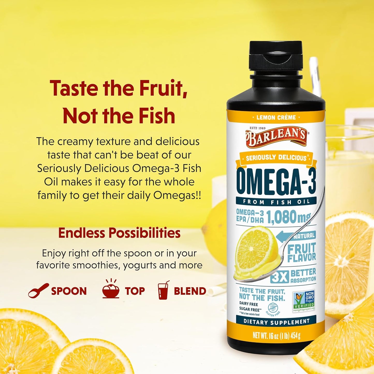 Barlean's Lemon Crème Omega 3 Fish Oil Liquid Supplement - 1080mg EPA & DHA Fatty Acid - 16 oz Bottle