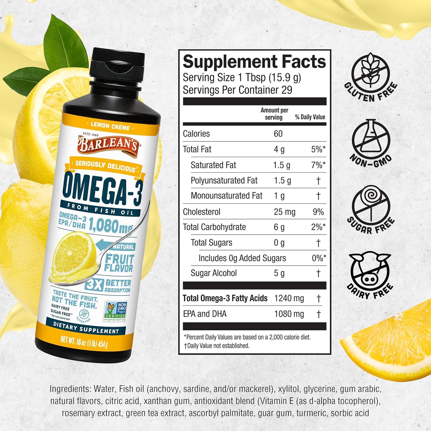 Barlean's Lemon Crème Omega 3 Fish Oil Liquid Supplement - 1080mg EPA & DHA Fatty Acid - 16 oz Bottle