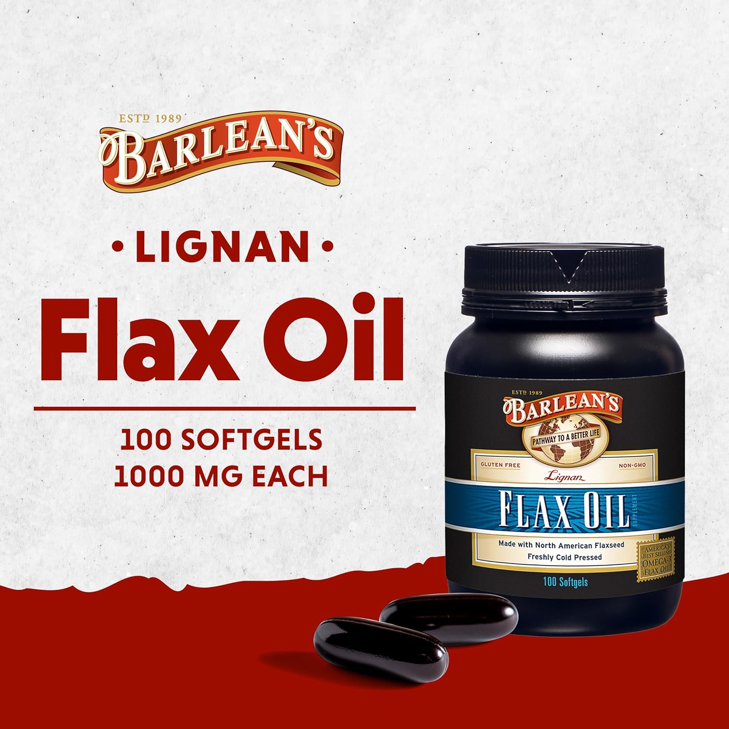 Barlean's Lignan Flaxseed Oil Softgels - Cold-Pressed Supplement with 1,550mg ALA Omega-3 - 1000mg, 100 ct