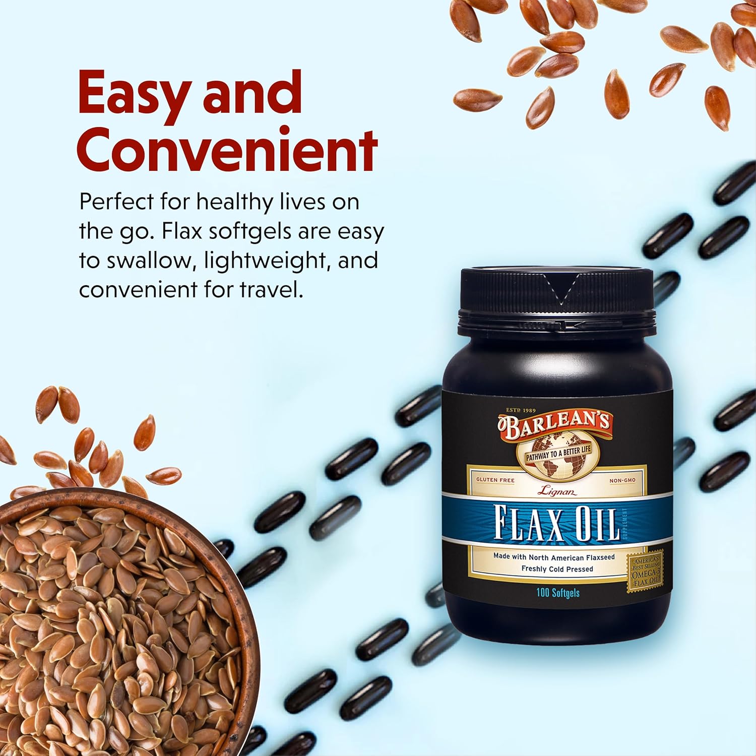 Barlean's Lignan Flaxseed Oil Softgels - Cold-Pressed Supplement with 1,550mg ALA Omega-3 - 1000mg, 100 ct